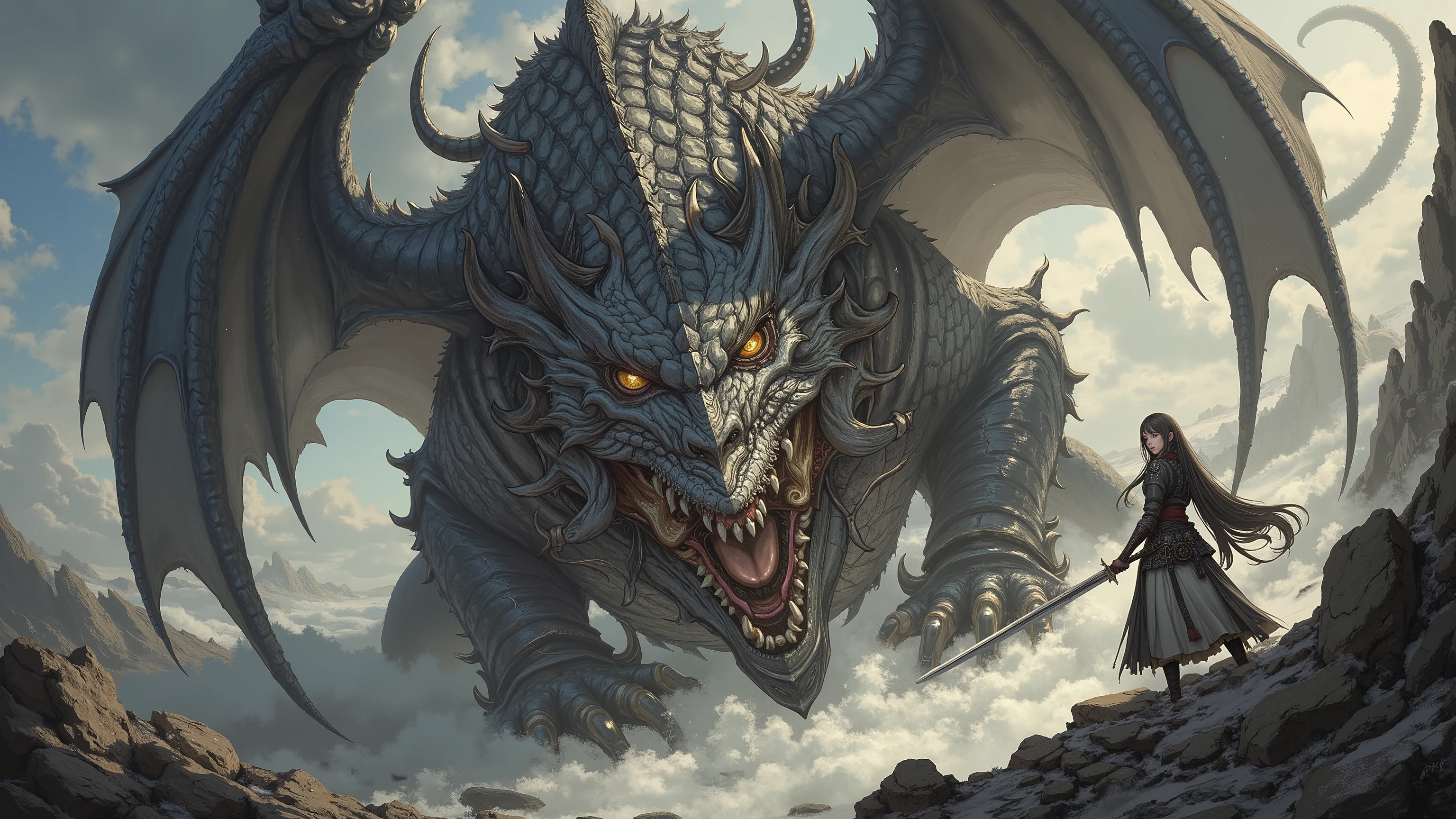 (Absurdres, master piece, best high quality image, very detailed features, very detailed textures, carefuly detailed with no deformed parts in all the artwork), solo character alone.
Colosal kraken, he is grey and white, has a big brain, six yellow eyes, 50 tentacles around the head, six arms with six tentacle fingers, 10 magic angelic wings around the body, serious inexpresive eyes, he is wise, wonderful and protective.
Floating on a green beautiful sky with blue clouds, a beautiful passive situation.