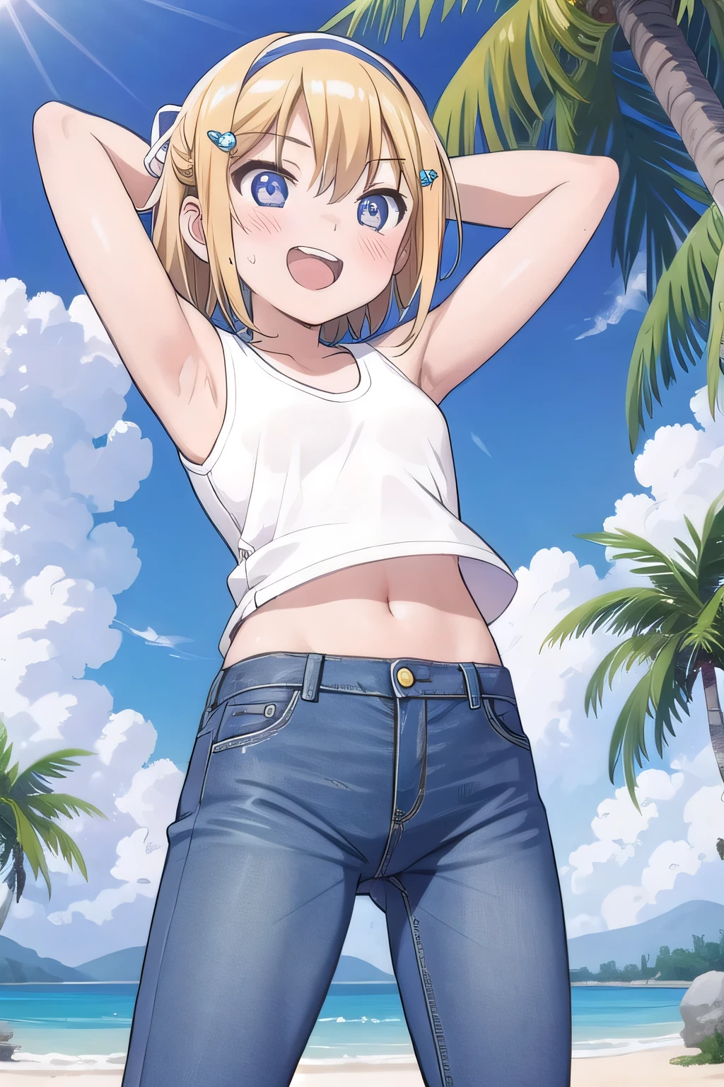 masterpiece,best quality,ultra detail, ((Perfect Face, Perfect Arms, Perfect hands, Perfect Fingers)), 1girl, , petite, ((round face, ecstasy, orgasm face, drooping eyes, shame smiling, blush)), dropping eyes, sleepy, Open mouth, ((White teeth)), background((under the beach, (day:1.2), palm tree, bright sky)), kagamine rin, short hair, blonde hair, floating hair, white hairband, hair bow, white bow, hairclip, swept bangs, blue eye, ((arms behind head, hands behind head, fingers behind head)), ((contrapposto)), spread armpits, looking at viewer,, (white tank top:1.2), (white crop top:1.2), (jeans pants:1.2, flares jeans:1.2, skinny jeans:1.2, blue jeans:1.2), standing, (legs spread:1.4), sex pose, Sweaty crotch, Steam from the crotch, from below, whole body