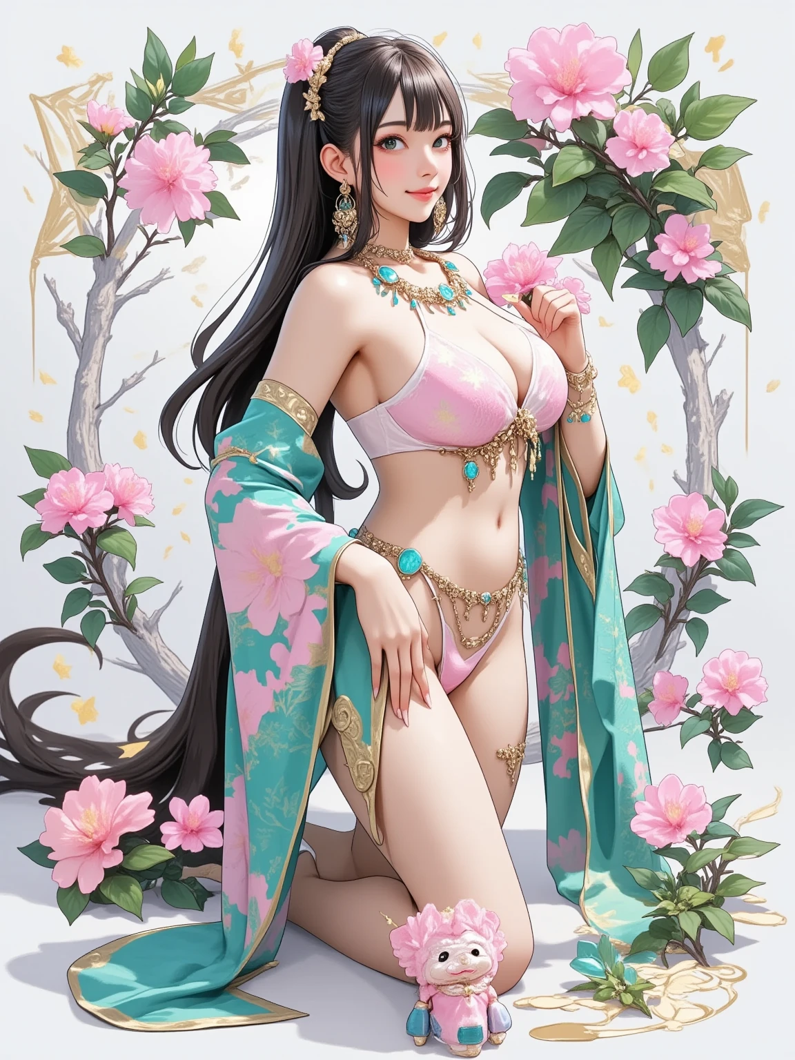 tmasterpiece,4k,ultra - detailed,1girl,young woman of 20 years,exquisite facial features,s the perfect face,Big breasts,Exposed milk,Show long legs,ssmile,light make-up,head gear,Hanfu,belly-bar,bamboo forrest,ink wash style,Meticulous
