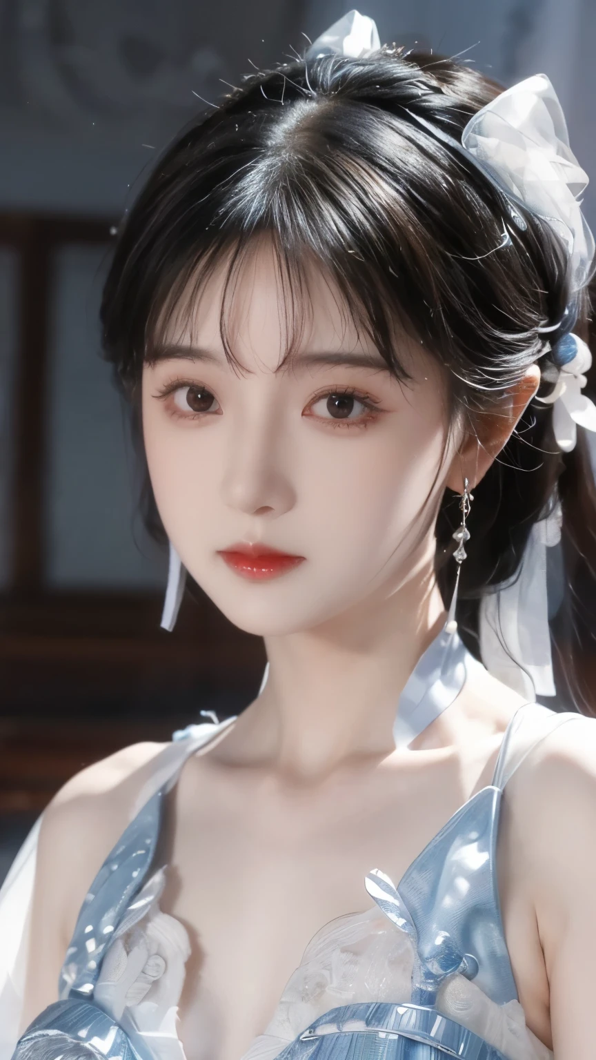( Best Quality , masterpiece:1.2), ultra-high resolution ,Realistically ,Front Light, complicated details,Fine details and texture,( 1 girl), is unique, upper body,Petal pattern,漂亮的 big eyes, white dress, beautiful face,For the audience ,ribbon,gossamer,(Young),Facial highlights,Detail production,Tear mole, White Skin,Silver Hair, on t , watching the audience , big eyes,(Hollow pattern),earrings, slim figure, white background,Right hand,Professional lighting,Photon Mapping,Radio City , physical rendering