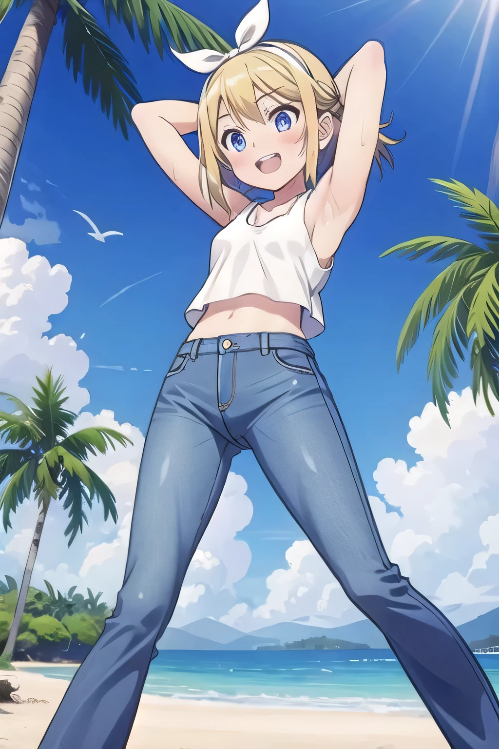 masterpiece,best quality,ultra detail, ((Perfect Face, Perfect Arms, Perfect hands, Perfect Fingers)), 1girl, 14yo, petite, ((round face, ecstasy, orgasm face, drooping eyes, shame smiling, blush)), dropping eyes, sleepy, Open mouth, ((White teeth)), background((under the beach, (day:1.2), palm tree, bright sky)), kagamine rin, short hair, blonde hair, floating hair, white hairband, hair bow, white bow, hairclip, swept bangs, blue eye, ((arms behind head, hands behind head, fingers behind head)), ((contrapposto)), spread armpits, looking at viewer,, (white tank top:1.2), (white crop top:1.2), (jeans pants:1.2, flares jeans:1.2, skinny jeans:1.2, blue jeans:1.2), standing, (legs spread:1.4), sex pose, Sweaty crotch, Steam from the crotch, from below, whole body