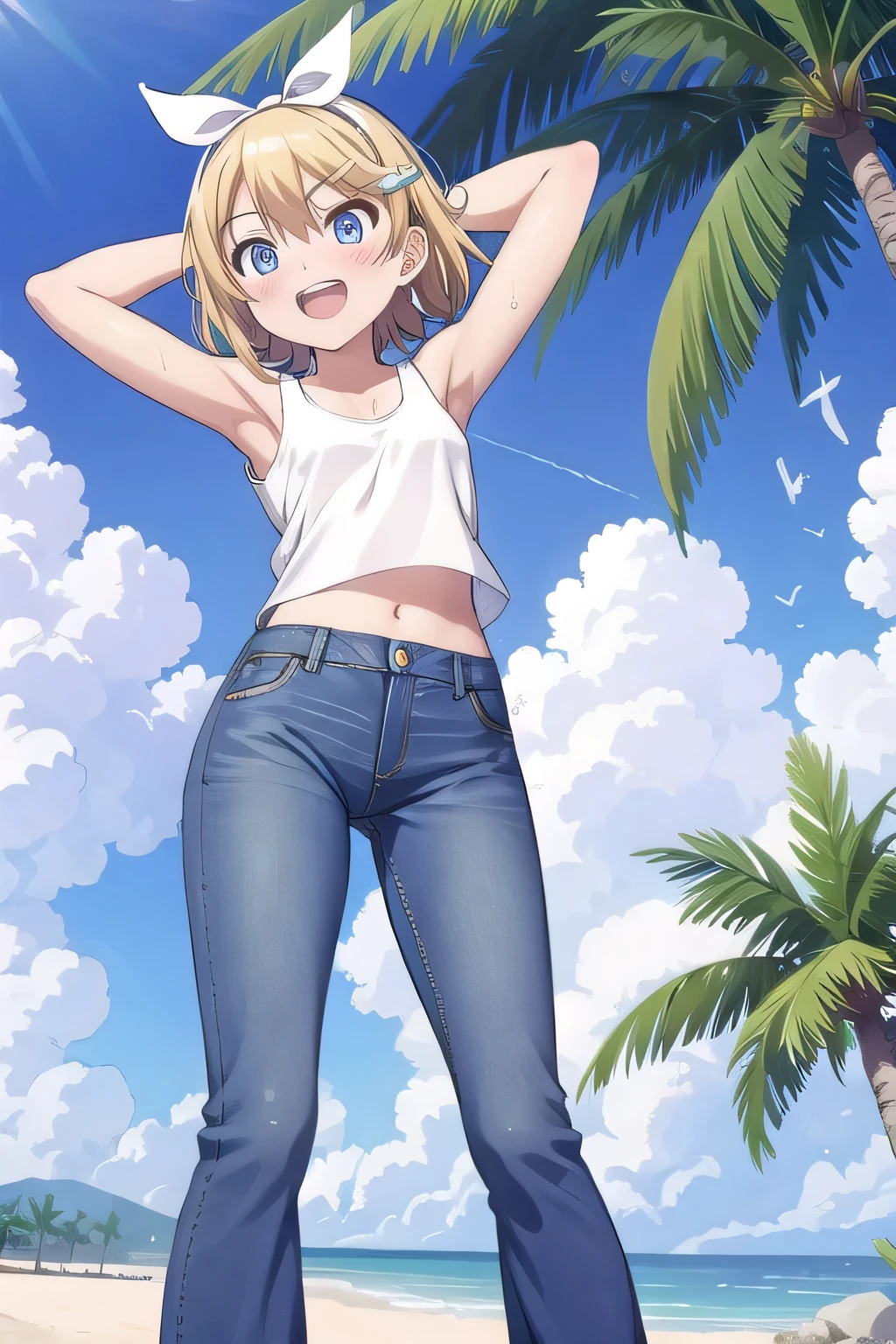 masterpiece,best quality,ultra detail, ((Perfect Face, Perfect Arms, Perfect hands, Perfect Fingers)), 1girl, 14yo, petite, ((round face, ecstasy, orgasm face, drooping eyes, shame smiling, blush)), dropping eyes, sleepy, Open mouth, ((White teeth)), background((under the beach, (day:1.2), palm tree, bright sky)), kagamine rin, short hair, blonde hair, floating hair, white hairband, hair bow, white bow, hairclip, swept bangs, blue eye, ((arms behind head, hands behind head, fingers behind head)), ((contrapposto)), spread armpits, looking at viewer,, (white tank top:1.2), (white crop top:1.2), (jeans pants:1.2, flares jeans:1.2, skinny jeans:1.2, blue jeans:1.2), standing, (legs spread:1.4), sex pose, Sweaty crotch, Steam from the crotch, from below, whole body