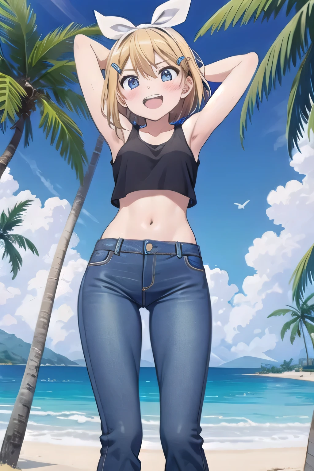 masterpiece,best quality,ultra detail, ((Perfect Face, Perfect Arms, Perfect hands, Perfect Fingers)), 1girl, 14yo, petite, ((round face, ecstasy, orgasm face, drooping eyes, shame smiling, blush)), dropping eyes, sleepy, Open mouth, ((White teeth)), background((under the beach, (day:1.2), palm tree, bright sky)), kagamine rin, short hair, blonde hair, floating hair, white hairband, hair bow, white bow, hairclip, swept bangs, blue eye, ((arms behind head, hands behind head, fingers behind head)), ((contrapposto)), spread armpits, looking at viewer,, (white tank top:1.2), (white crop top:1.2), (jeans pants:1.2, flares jeans:1.2, skinny jeans:1.2, blue jeans:1.2), standing, (legs spread:1.4), sex pose, Sweaty crotch, Steam from the crotch, from below, whole body