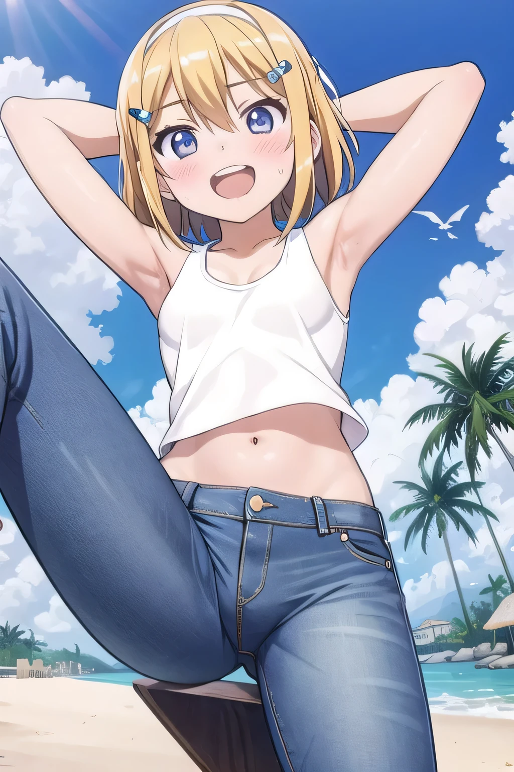 masterpiece,best quality,ultra detail, ((Perfect Face, Perfect Arms, Perfect hands, Perfect Fingers)), 1girl, , peti ((round face, ecstasy, orgasm face, drooping eyes, shame smiling, blush)), dropping eyes, sleepy, Open mouth, ((White teeth)), background((under the beach, (day:1.2), palm tree, bright sky)), kagamine rin, short hair, blonde hair, floating hair, white hairband, hair bow, white bow, hairclip, swept bangs, blue eye, ((arms behind head, hands behind head, fingers behind head)), ((contrapposto)), spread armpits, looking at viewer,, (white tank top:1.2), (white crop top:1.2), (jeans pants:1.2, flares jeans:1.2, skinny jeans:1.2, blue jeans:1.2), standing, (legs spread:1.4), sex pose, Sweaty crotch, Steam from the crotch, from below, whole body