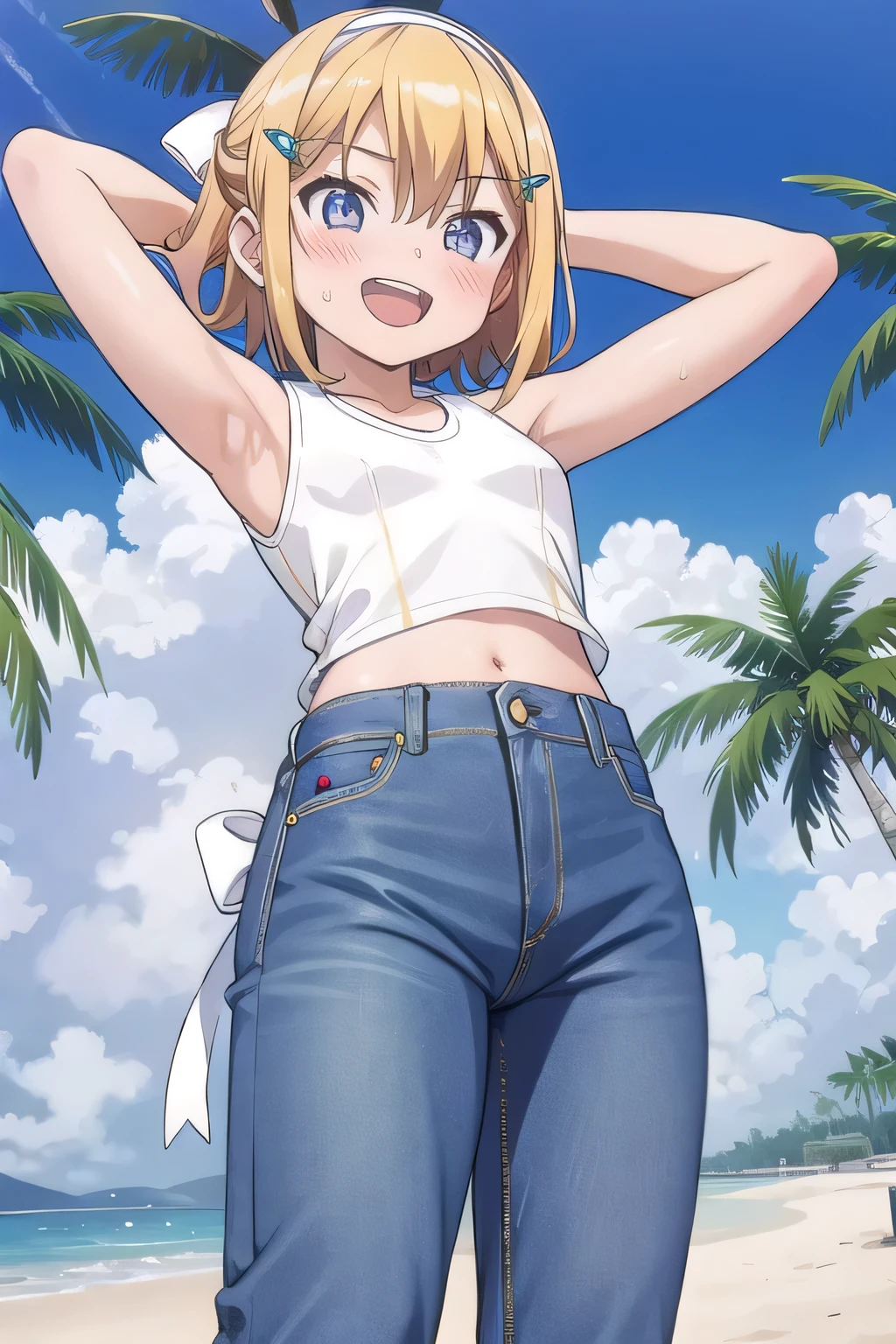masterpiece,best quality,ultra detail, ((Perfect Face, Perfect Arms, Perfect hands, Perfect Fingers)), 1girl, 14yo, petite, ((round face, ecstasy, orgasm face, drooping eyes, shame smiling, blush)), dropping eyes, sleepy, Open mouth, ((White teeth)), background((under the beach, (day:1.2), palm tree, bright sky)), kagamine rin, short hair, blonde hair, floating hair, white hairband, hair bow, white bow, hairclip, swept bangs, blue eye, ((arms behind head, hands behind head, fingers behind head)), ((contrapposto)), spread armpits, looking at viewer,, (white tank top:1.2), (white crop top:1.2), (jeans pants:1.2, flares jeans:1.2, skinny jeans:1.2, blue jeans:1.2), standing, (legs spread:1.4), sex pose, Sweaty crotch, Steam from the crotch, from below, whole body