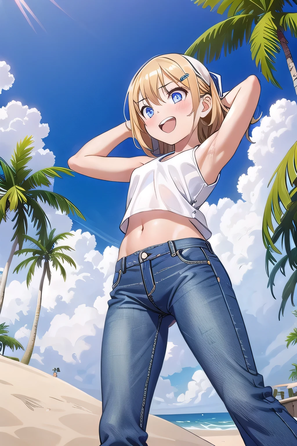 masterpiece,best quality,ultra detail, ((Perfect Face, Perfect Arms, Perfect hands, Perfect Fingers)), 1girl, , petite, ((round face, ecstasy, orgasm face, drooping eyes, shame smiling, blush)), dropping eyes, sleepy, Open mouth, ((White teeth)), background((under the beach, (day:1.2), palm tree, bright sky)), kagamine rin, short hair, blonde hair, floating hair, white hairband, hair bow, white bow, hairclip, swept bangs, blue eye, ((arms behind head, hands behind head, fingers behind head)), ((contrapposto)), spread armpits, looking at viewer,, (white tank top:1.2), (white crop top:1.2), (jeans pants:1.2, flares jeans:1.2, skinny jeans:1.2, blue jeans:1.2), standing, (legs spread:1.4), sex pose, Sweaty crotch, Steam from the crotch, from below, whole body