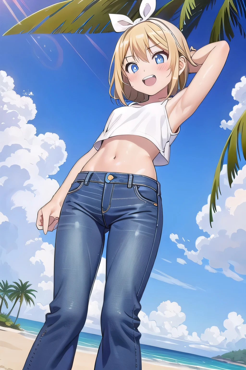 masterpiece,best quality,ultra detail, ((Perfect Face, Perfect Arms, Perfect hands, Perfect Fingers)), 1girl, , peti ((round face, ecstasy, orgasm face, drooping eyes, shame smiling, blush)), dropping eyes, sleepy, Open mouth, ((White teeth)), background((under the beach, (day:1.2), palm tree, bright sky)), kagamine rin, short hair, blonde hair, floating hair, white hairband, hair bow, white bow, hairclip, swept bangs, blue eye, ((arms behind head, hands behind head, fingers behind head)), ((contrapposto)), spread armpits, looking at viewer,, (white tank top:1.2), (white crop top:1.2), (jeans pants:1.2, flares jeans:1.2, skinny jeans:1.2, blue jeans:1.2), standing, (legs spread:1.4), sex pose, Sweaty crotch, Steam from the crotch, from below, whole body