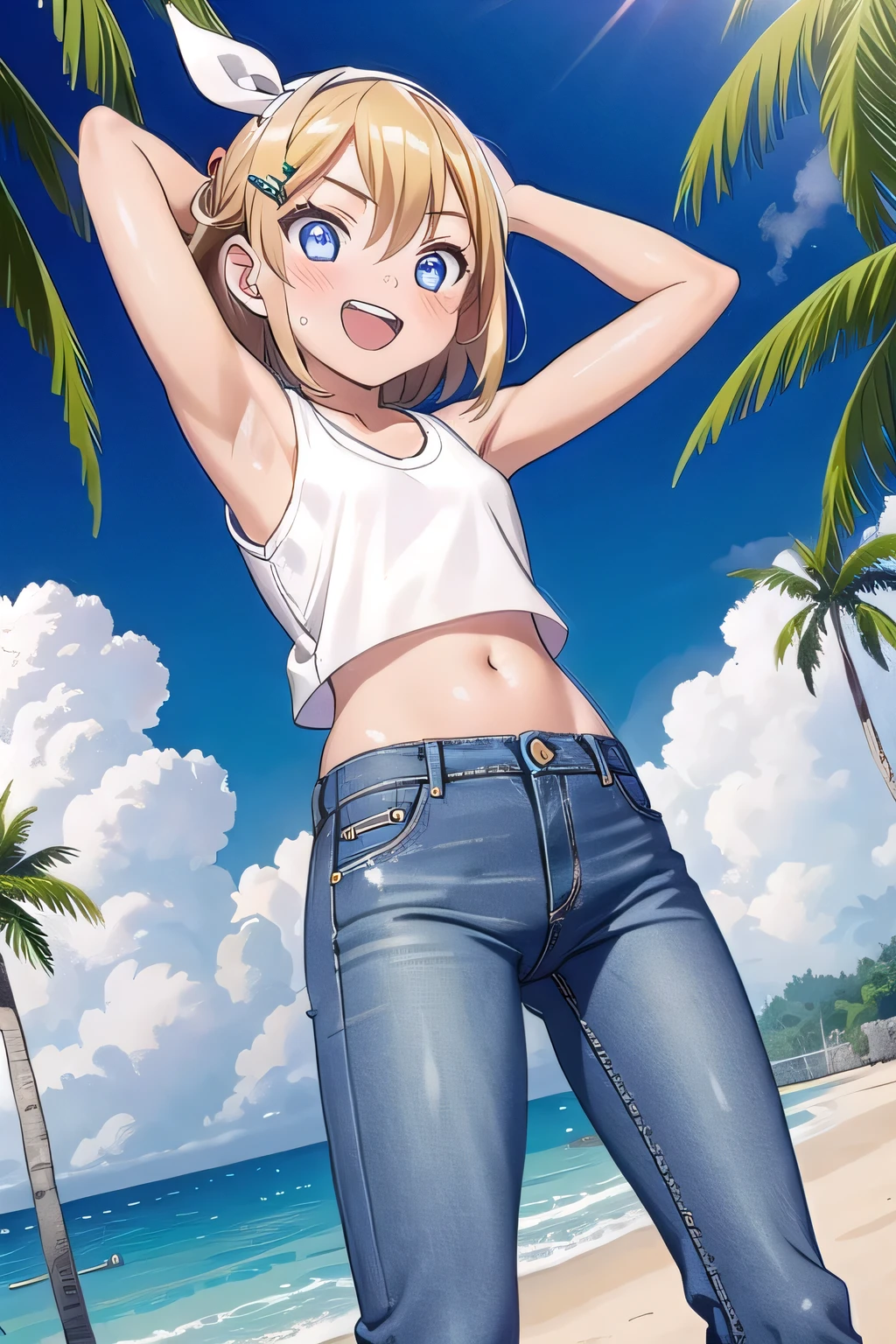 masterpiece,best quality,ultra detail, ((Perfect Face, Perfect Arms, Perfect hands, Perfect Fingers)), 1girl, , peti ((round face, ecstasy, orgasm face, drooping eyes, shame smiling, blush)), dropping eyes, sleepy, Open mouth, ((White teeth)), background((under the beach, (day:1.2), palm tree, bright sky)), kagamine rin, short hair, blonde hair, floating hair, white hairband, hair bow, white bow, hairclip, swept bangs, blue eye, ((arms behind head, hands behind head, fingers behind head)), ((contrapposto)), spread armpits, looking at viewer,, (white tank top:1.2), (white crop top:1.2), (jeans pants:1.2, flares jeans:1.2, skinny jeans:1.2, blue jeans:1.2), standing, (legs spread:1.4), sex pose, Sweaty crotch, Steam from the crotch, from below, whole body