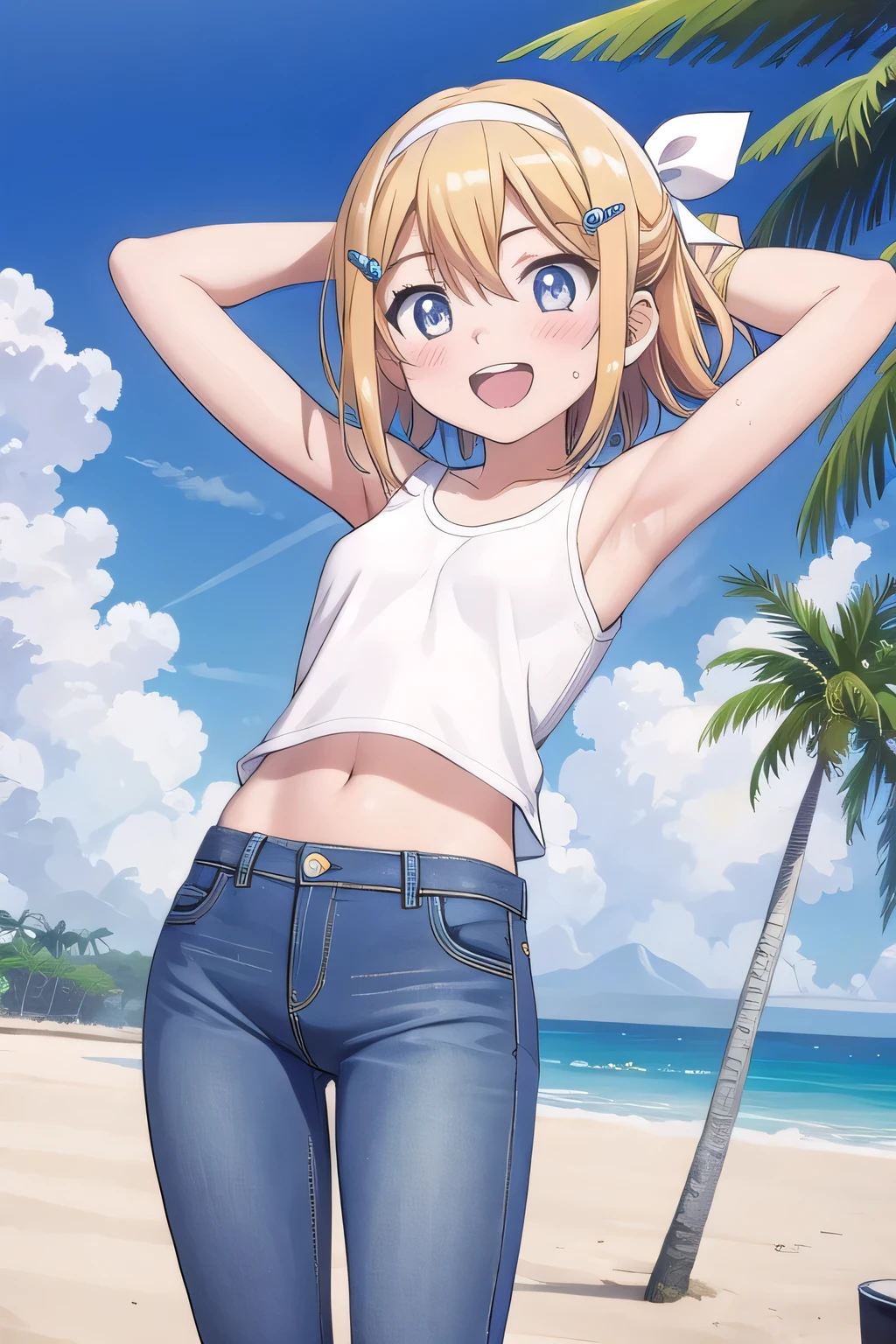 masterpiece,best quality,ultra detail, ((Perfect Face, Perfect Arms, Perfect hands, Perfect Fingers)), 1girl, , peti ((round face, ecstasy, orgasm face, drooping eyes, shame smiling, blush)), dropping eyes, sleepy, Open mouth, ((White teeth)), background((under the beach, (day:1.2), palm tree, bright sky)), kagamine rin, short hair, blonde hair, floating hair, white hairband, hair bow, white bow, hairclip, swept bangs, blue eye, ((arms behind head, hands behind head, fingers behind head)), ((contrapposto)), spread armpits, looking at viewer,, (white tank top:1.2), (white crop top:1.2), (jeans pants:1.2, flares jeans:1.2, skinny jeans:1.2, blue jeans:1.2), standing, (legs spread:1.4), sex pose, Sweaty crotch, Steam from the crotch, from below, whole body
