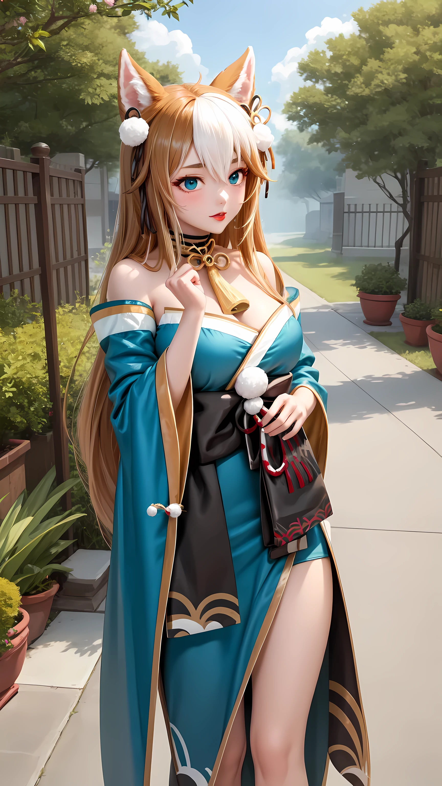 masterpiece, better quality, High Quality, upper body , outdoor, Looking At The Spectator , 1 girl, hina-fi , bicolor hair , Japanese clothing, Green Kimono, cola, bare shoulders ,cola, with cola,caderas anchas,beautiful,beautifuls piernas, seductive face, seductive look, seductive face,sexy, long hair , long hair,anime,furry,beautiful,Red lips, zorro cola, with zorro cola