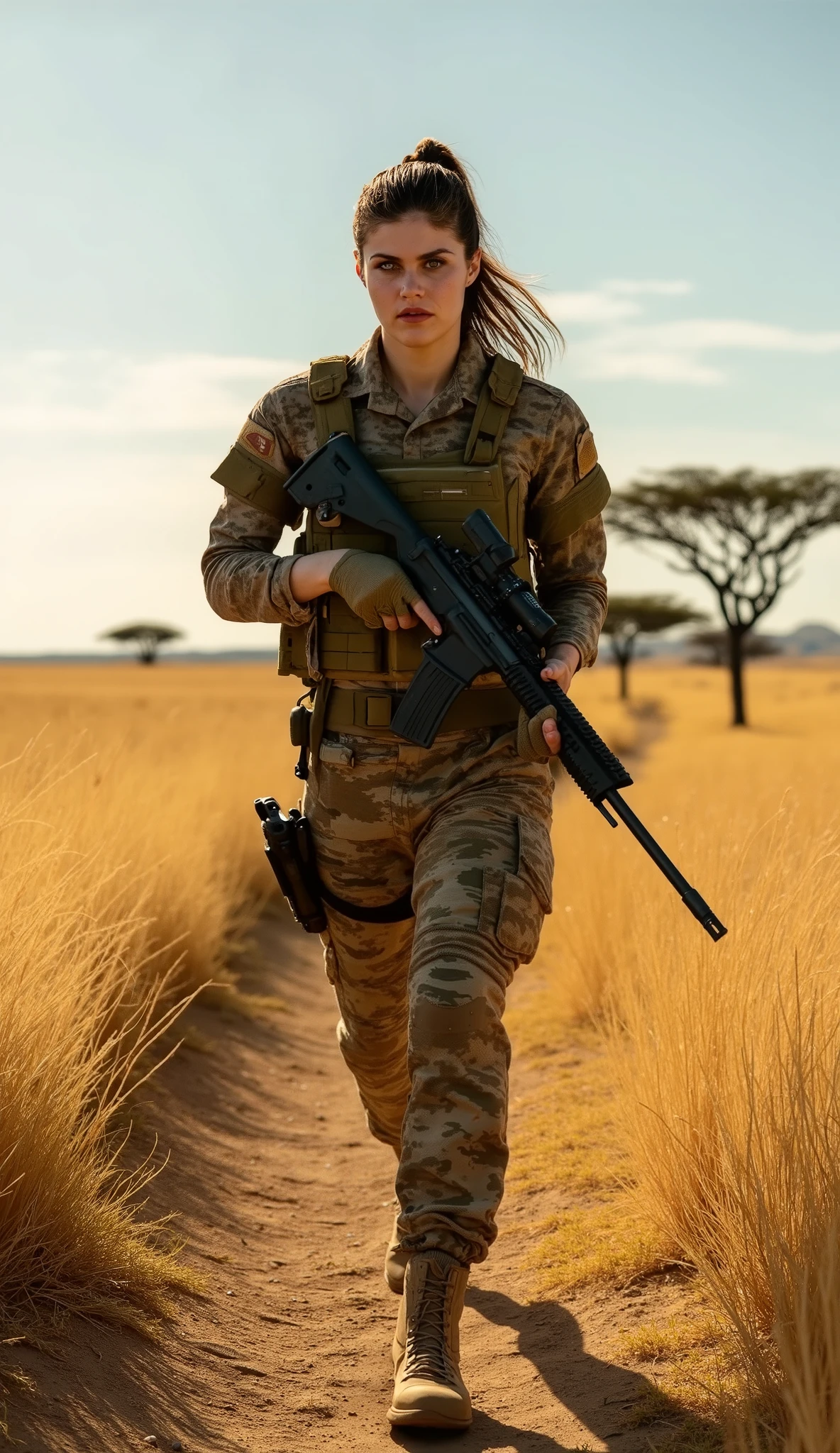 A determined and battle-ready female army officer strides forward across the vast African grasslands, her sharp eyes scanning the horizon for any potential threats. She has an ideal, well-proportioned physique built for endurance and agility. Her long hair is neatly tied into a high ponytail, ensuring a disciplined and professional appearance. She wears a full tactical camouflage uniform designed for open-terrain warfare, blending seamlessly with the golden hues of the savanna. Over her uniform, she dons a reinforced tactical vest equipped with utility pouches, ammunition slots, and protective padding, reflecting her combat readiness.

Captured in a dynamic full-body shot, she moves forward with a steady, purposeful stride, gripping a modern rifle securely in her hands. Her posture is strong, her gaze locked ahead with unwavering focus. The background features a breathtaking African grassland, with endless stretches of tall, dry grass swaying in the warm breeze. Acacia trees dot the landscape, their twisted branches reaching toward the clear blue sky. In the distance, a dust cloud rises, possibly from military vehicles or an approaching convoy. The sun casts long shadows across the terrain, emphasizing the intensity of the environment. The atmosphere is calm yet charged with anticipation, as if danger could emerge at any moment. Her stance and expression embody resilience, discipline, and the unwavering spirit of a soldier navigating the harsh yet beautiful savanna.







