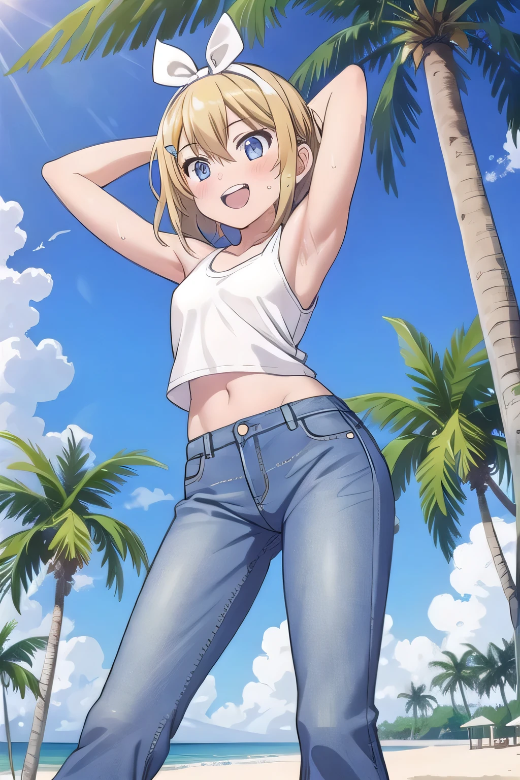 masterpiece,best quality,ultra detail, ((Perfect Face, Perfect Arms, Perfect hands, Perfect Fingers)), 1girl, 14yo, petite, ((round face, ecstasy, orgasm face, drooping eyes, shame smiling, blush)), dropping eyes, sleepy, Open mouth, ((White teeth)), background((under the beach, (day:1.2), palm tree, bright sky)), kagamine rin, short hair, blonde hair, floating hair, white hairband, hair bow, white bow, hairclip, swept bangs, blue eye, ((arms behind head, hands behind head, fingers behind head)), ((contrapposto)), spread armpits, looking at viewer,, (white tank top:1.2), (white crop top:1.2), (jeans pants:1.2, flares jeans:1.2, skinny jeans:1.2, blue jeans:1.2), standing, (legs spread:1.4), sex pose, Sweaty crotch, Steam from the crotch, from below, whole body