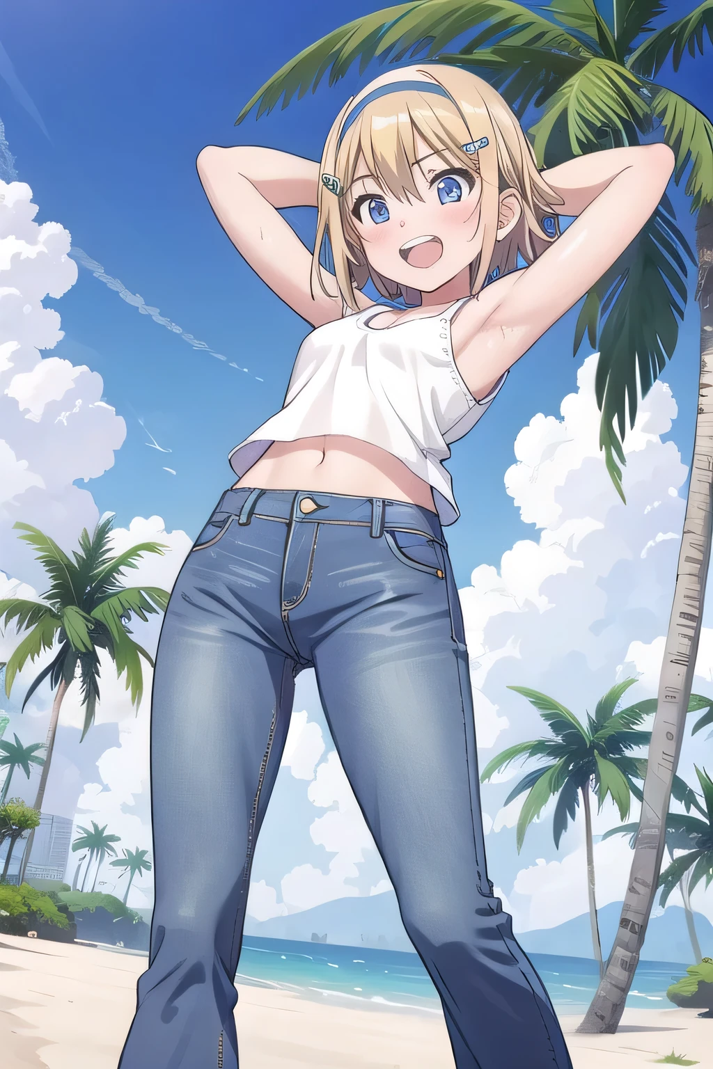 masterpiece,best quality,ultra detail, ((Perfect Face, Perfect Arms, Perfect hands, Perfect Fingers)), 1girl, , peti ((round face, ecstasy, orgasm face, drooping eyes, shame smiling, blush)), dropping eyes, sleepy, Open mouth, ((White teeth)), background((under the beach, (day:1.2), palm tree, bright sky)), kagamine rin, short hair, blonde hair, floating hair, white hairband, hair bow, white bow, hairclip, swept bangs, blue eye, ((arms behind head, hands behind head, fingers behind head)), ((contrapposto)), spread armpits, looking at viewer,, (white tank top:1.2), (white crop top:1.2), (jeans pants:1.2, flares jeans:1.2, skinny jeans:1.2, blue jeans:1.2), standing, (legs spread:1.4), sex pose, Sweaty crotch, Steam from the crotch, from below, whole body