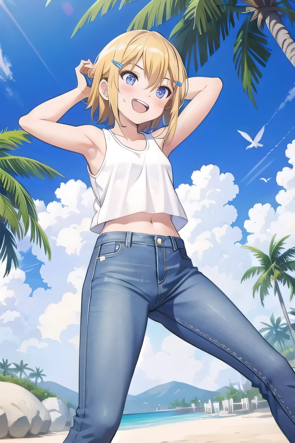 masterpiece,best quality,ultra detail, ((Perfect Face, Perfect Arms, Perfect hands, Perfect Fingers)), 1girl, , peti ((round face, ecstasy, orgasm face, drooping eyes, shame smiling, blush)), dropping eyes, sleepy, Open mouth, ((White teeth)), background((under the beach, (day:1.2), palm tree, bright sky)), kagamine rin, short hair, blonde hair, floating hair, white hairband, hair bow, white bow, hairclip, swept bangs, blue eye, ((arms behind head, hands behind head, fingers behind head)), ((contrapposto)), spread armpits, looking at viewer,, (white tank top:1.2), (white crop top:1.2), (jeans pants:1.2, flares jeans:1.2, skinny jeans:1.2, blue jeans:1.2), standing, (legs spread:1.4), sex pose, Sweaty crotch, Steam from the crotch, from below, whole body