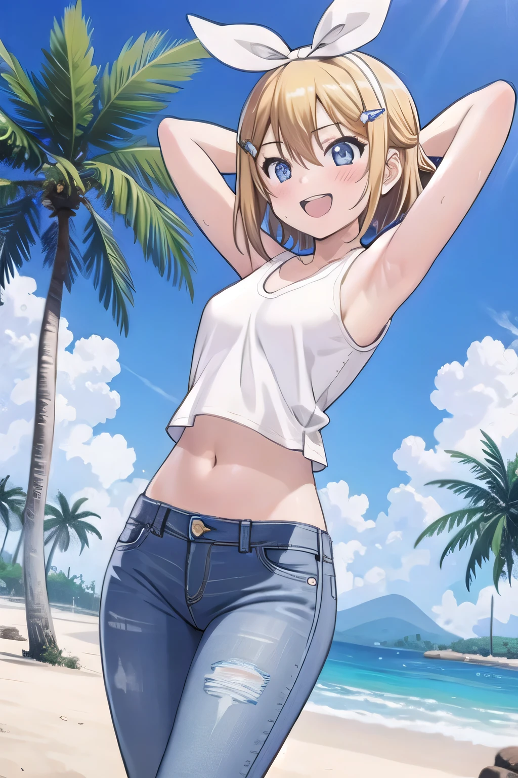 (highest quality, High resolution, perfect pixel, Depth of bounds written, 4K), (from front), beach, detailed eyes, (1 lady), tall, (skinny body:1.2) , (thin thighs:1.2), (Narrow hips), large breasts, blond hair, (ponytail:1.2), yellow, (denim short pants bikini:1.2), (unbutton), (cross halter bikini), (rio cut pants), (panty strap:1.2), (standing), left Hand on Hip, (light smile), blush, sweat,