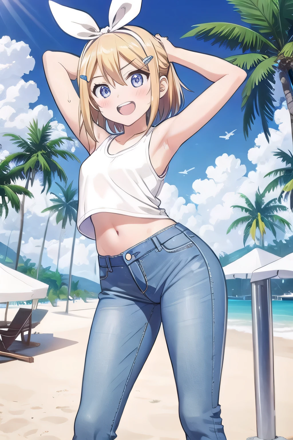 masterpiece,best quality,ultra detail, ((Perfect Face, Perfect Arms, Perfect hands, Perfect Fingers)), 1girl, , peti ((round face, ecstasy, orgasm face, drooping eyes, shame smiling, blush)), dropping eyes, sleepy, Open mouth, ((White teeth)), background((under the beach, (day:1.2), palm tree, bright sky)), kagamine rin, short hair, blonde hair, floating hair, white hairband, hair bow, white bow, hairclip, swept bangs, blue eye, ((arms behind head, hands behind head, fingers behind head)), ((contrapposto)), spread armpits, looking at viewer,, (white tank top:1.2), (white crop top:1.2), (jeans pants:1.2, flares jeans:1.2, skinny jeans:1.2, blue jeans:1.2), standing, (legs spread:1.4), sex pose, Sweaty crotch, Steam from the crotch, from below, whole body