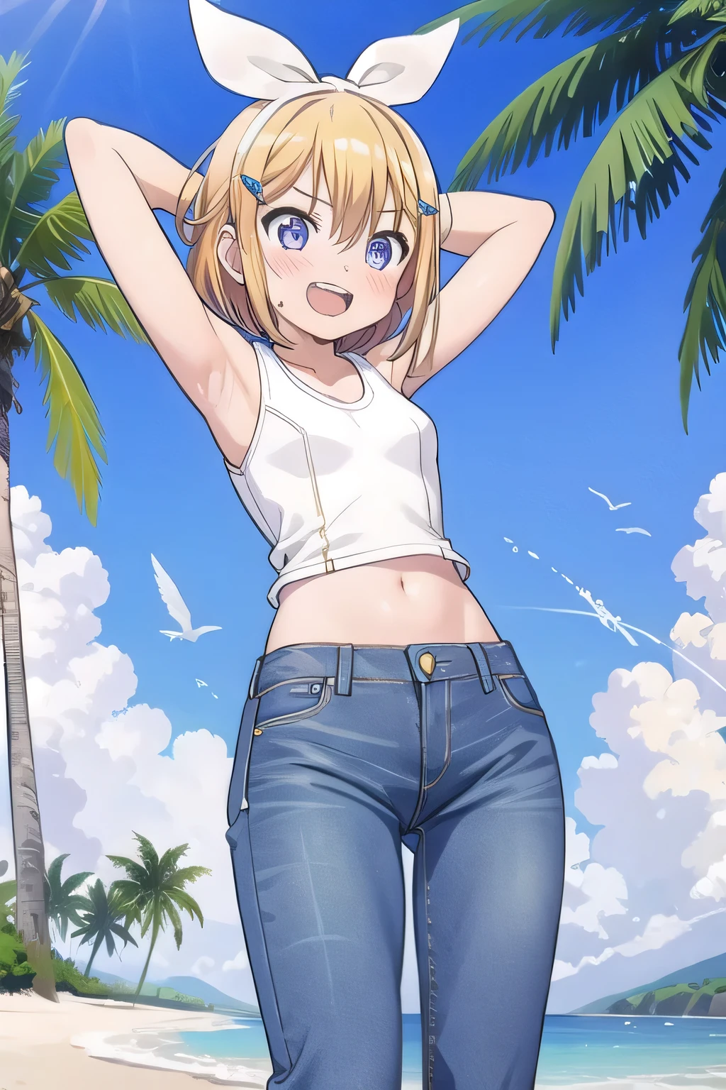 masterpiece,best quality,ultra detail, ((Perfect Face, Perfect Arms, Perfect hands, Perfect Fingers)), 1girl, , peti ((round face, ecstasy, orgasm face, drooping eyes, shame smiling, blush)), dropping eyes, sleepy, Open mouth, ((White teeth)), background((under the beach, (day:1.2), palm tree, bright sky)), kagamine rin, short hair, blonde hair, floating hair, white hairband, hair bow, white bow, hairclip, swept bangs, blue eye, ((arms behind head, hands behind head, fingers behind head)), ((contrapposto)), spread armpits, looking at viewer,, (white tank top:1.2), (white crop top:1.2), (jeans pants:1.2, flares jeans:1.2, skinny jeans:1.2, blue jeans:1.2), standing, (legs spread:1.4), sex pose, Sweaty crotch, Steam from the crotch, from below, whole body