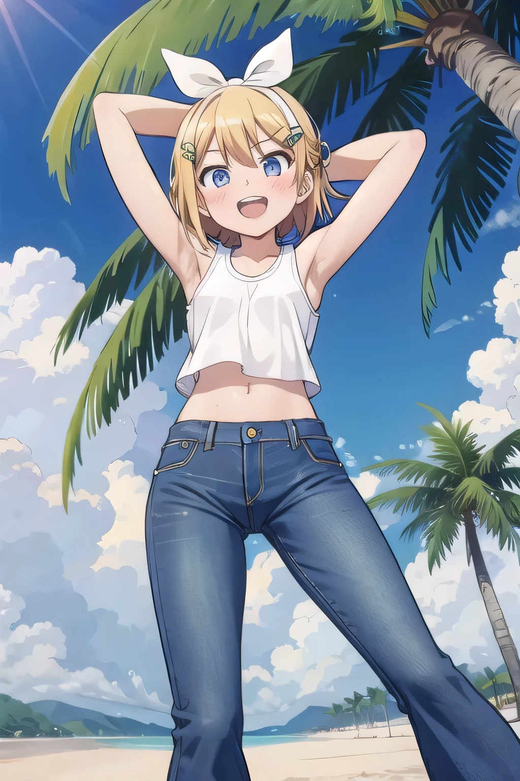 masterpiece,best quality,ultra detail, ((Perfect Face, Perfect Arms, Perfect hands, Perfect Fingers)), 1girl, 14yo, petite, ((round face, ecstasy, orgasm face, drooping eyes, shame smiling, blush)), dropping eyes, sleepy, Open mouth, ((White teeth)), background((under the beach, (day:1.2), palm tree, bright sky)), kagamine rin, short hair, blonde hair, floating hair, white hairband, hair bow, white bow, hairclip, swept bangs, blue eye, ((arms behind head, hands behind head, fingers behind head)), ((contrapposto)), spread armpits, looking at viewer,, (white tank top:1.2), (white crop top:1.2), (jeans pants:1.2, flares jeans:1.2, skinny jeans:1.2, blue jeans:1.2), standing, (legs spread:1.4), sex pose, Sweaty crotch, Steam from the crotch, from below, whole body