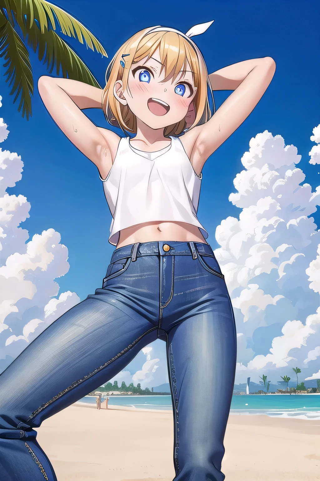 masterpiece,best quality,ultra detail, ((Perfect Face, Perfect Arms, Perfect hands, Perfect Fingers)), 1girl, , peti ((round face, ecstasy, orgasm face, drooping eyes, shame smiling, blush)), dropping eyes, sleepy, Open mouth, ((White teeth)), background((under the beach, (day:1.2), palm tree, bright sky)), kagamine rin, short hair, blonde hair, floating hair, white hairband, hair bow, white bow, hairclip, swept bangs, blue eye, ((arms behind head, hands behind head, fingers behind head)), ((contrapposto)), spread armpits, looking at viewer,, (white tank top:1.2), (white crop top:1.2), (jeans pants:1.2, flares jeans:1.2, skinny jeans:1.2, blue jeans:1.2), standing, (legs spread:1.4), sex pose, Sweaty crotch, Steam from the crotch, from below, whole body