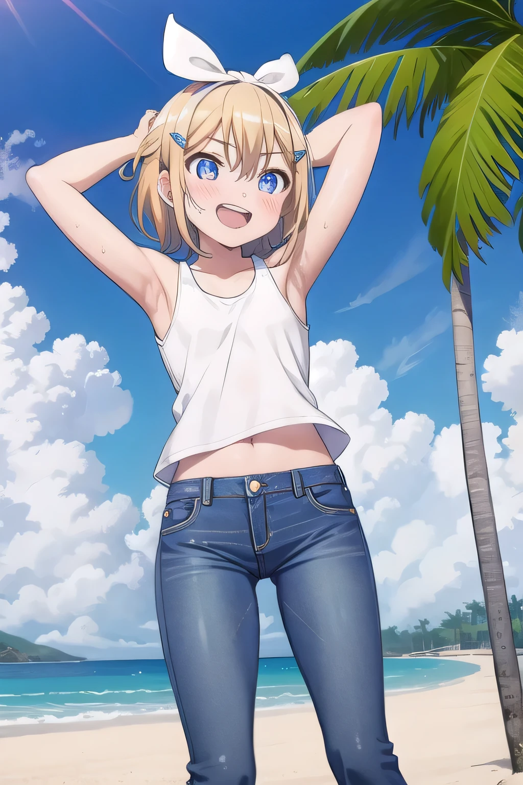 masterpiece,best quality,ultra detail, ((Perfect Face, Perfect Arms, Perfect hands, Perfect Fingers)), 1girl, , peti ((round face, ecstasy, orgasm face, drooping eyes, shame smiling, blush)), dropping eyes, sleepy, Open mouth, ((White teeth)), background((under the beach, (day:1.2), palm tree, bright sky)), kagamine rin, short hair, blonde hair, floating hair, white hairband, hair bow, white bow, hairclip, swept bangs, blue eye, ((arms behind head, hands behind head, fingers behind head)), ((contrapposto)), spread armpits, looking at viewer,, (white tank top:1.2), (white crop top:1.2), (jeans pants:1.2, flares jeans:1.2, skinny jeans:1.2, blue jeans:1.2), standing, (legs spread:1.4), sex pose, Sweaty crotch, Steam from the crotch, from below, whole body