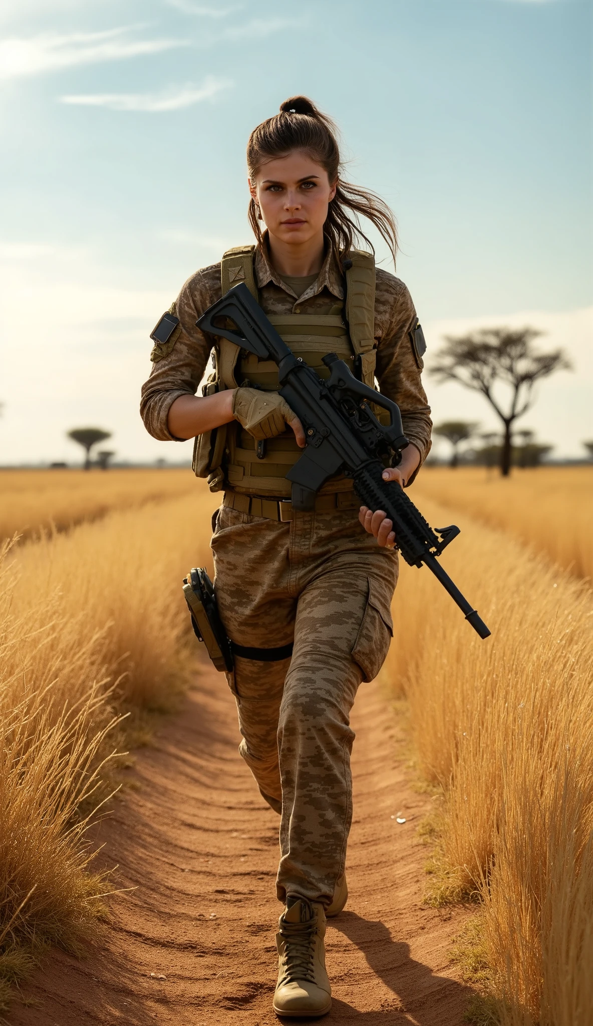 A determined and battle-ready female army officer strides forward across the vast African grasslands, her sharp eyes scanning the horizon for any potential threats. She has an ideal, well-proportioned physique built for endurance and agility. Her long hair is neatly tied into a high ponytail, ensuring a disciplined and professional appearance. She wears a full tactical camouflage uniform designed for open-terrain warfare, blending seamlessly with the golden hues of the savanna. Over her uniform, she dons a reinforced tactical vest equipped with utility pouches, ammunition slots, and protective padding, reflecting her combat readiness.

Captured in a dynamic full-body shot, she moves forward with a steady, purposeful stride, gripping a modern rifle securely in her hands. Her posture is strong, her gaze locked ahead with unwavering focus. The background features a breathtaking African grassland, with endless stretches of tall, dry grass swaying in the warm breeze. Acacia trees dot the landscape, their twisted branches reaching toward the clear blue sky. In the distance, a dust cloud rises, possibly from military vehicles or an approaching convoy. The sun casts long shadows across the terrain, emphasizing the intensity of the environment. The atmosphere is calm yet charged with anticipation, as if danger could emerge at any moment. Her stance and expression embody resilience, discipline, and the unwavering spirit of a soldier navigating the harsh yet beautiful savanna.







