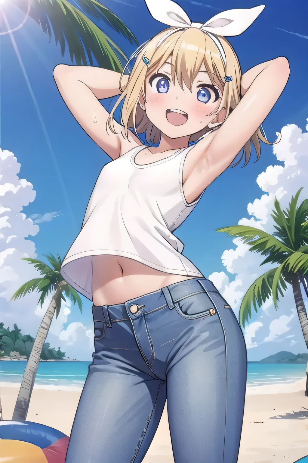 masterpiece,best quality,ultra detail, ((Perfect Face, Perfect Arms, Perfect hands, Perfect Fingers)), 1girl, 14yo, petite, ((round face, ecstasy, orgasm face, drooping eyes, shame smiling, blush)), dropping eyes, sleepy, Open mouth, ((White teeth)), background((under the beach, (day:1.2), palm tree, bright sky)), kagamine rin, short hair, blonde hair, floating hair, white hairband, hair bow, white bow, hairclip, swept bangs, blue eye, ((arms behind head, hands behind head, fingers behind head)), ((contrapposto)), spread armpits, looking at viewer,, (white tank top:1.2), (white crop top:1.2), (jeans pants:1.2, flares jeans:1.2, skinny jeans:1.2, blue jeans:1.2), standing, (legs spread:1.4), sex pose, Sweaty crotch, Steam from the crotch, from below, whole body