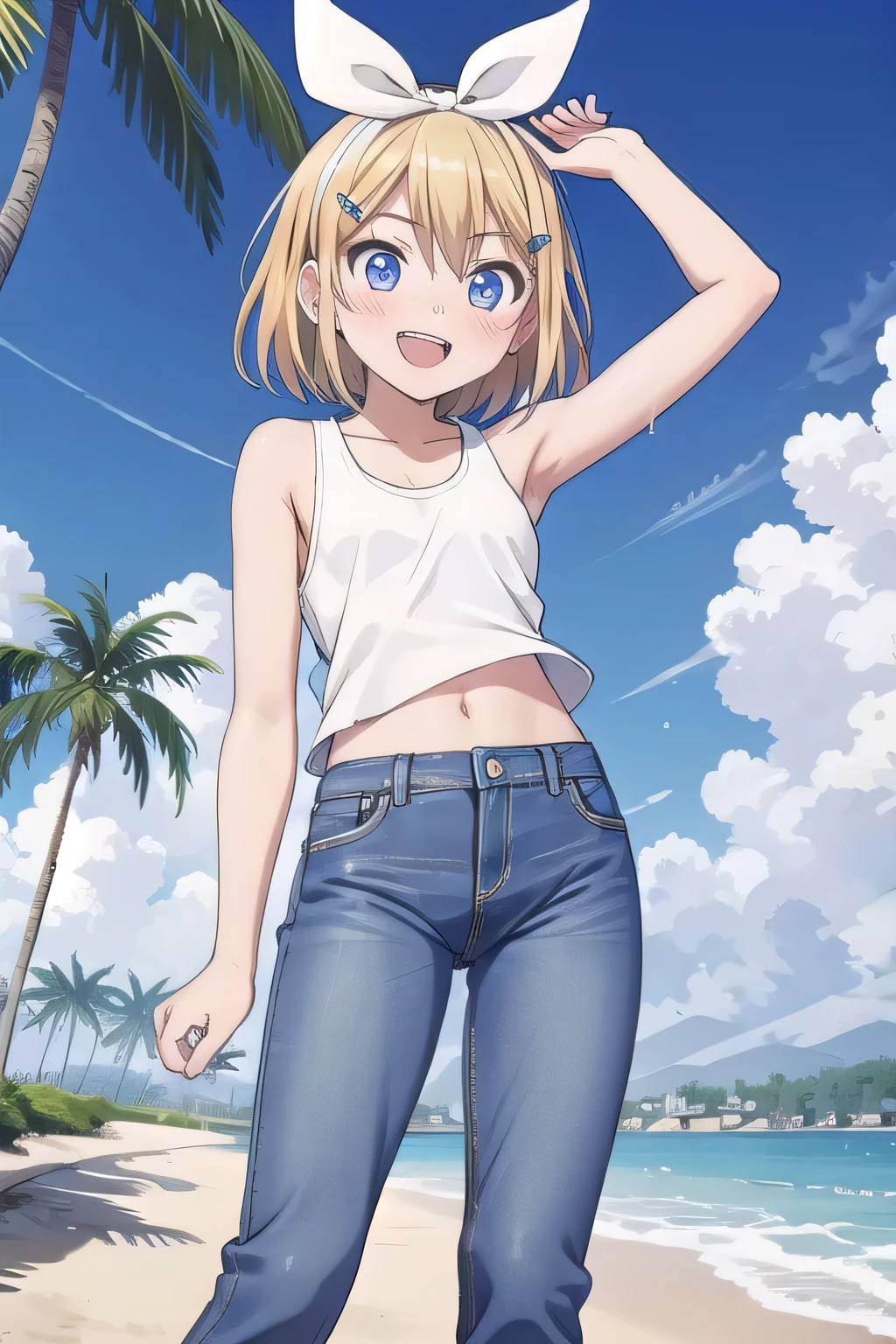 masterpiece,best quality,ultra detail, ((Perfect Face, Perfect Arms, Perfect hands, Perfect Fingers)), 1girl, 14yo, petite, ((round face, ecstasy, orgasm face, drooping eyes, shame smiling, blush)), dropping eyes, sleepy, Open mouth, ((White teeth)), background((under the beach, (day:1.2), palm tree, bright sky)), kagamine rin, short hair, blonde hair, floating hair, white hairband, hair bow, white bow, hairclip, swept bangs, blue eye, ((arms behind head, hands behind head, fingers behind head)), ((contrapposto)), spread armpits, looking at viewer,, (white tank top:1.2), (white crop top:1.2), (jeans pants:1.2, flares jeans:1.2, skinny jeans:1.2, blue jeans:1.2), standing, (legs spread:1.4), sex pose, Sweaty crotch, Steam from the crotch, from below, whole body