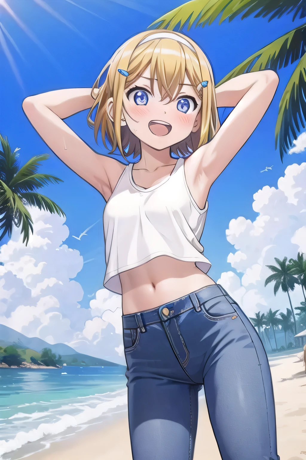 masterpiece,best quality,ultra detail, ((Perfect Face, Perfect Arms, Perfect hands, Perfect Fingers)), 1girl, , peti ((round face, ecstasy, orgasm face, drooping eyes, shame smiling, blush)), dropping eyes, sleepy, Open mouth, ((White teeth)), background((under the beach, (day:1.2), palm tree, bright sky)), kagamine rin, short hair, blonde hair, floating hair, white hairband, hair bow, white bow, hairclip, swept bangs, blue eye, ((arms behind head, hands behind head, fingers behind head)), ((contrapposto)), spread armpits, looking at viewer,, (white tank top:1.2), (white crop top:1.2), (jeans pants:1.2, flares jeans:1.2, skinny jeans:1.2, blue jeans:1.2), standing, (legs spread:1.4), sex pose, Sweaty crotch, Steam from the crotch, from below, whole body