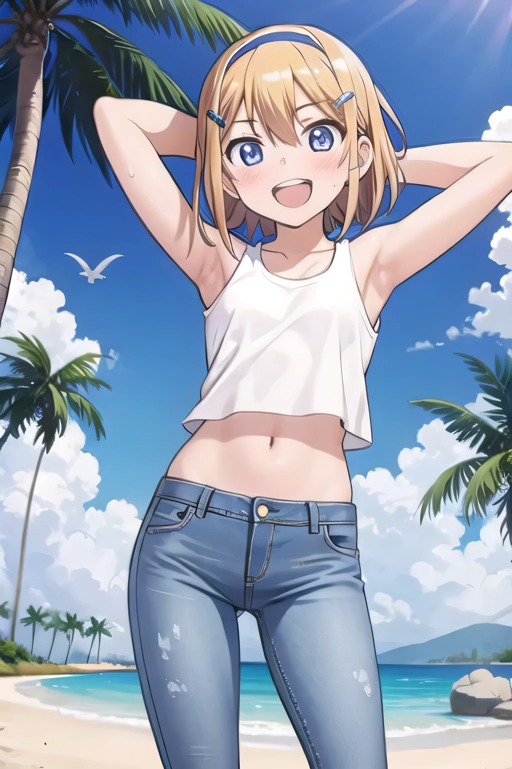 masterpiece,best quality,ultra detail, ((Perfect Face, Perfect Arms, Perfect hands, Perfect Fingers)), 1girl, , peti ((round face, ecstasy, orgasm face, drooping eyes, shame smiling, blush)), dropping eyes, sleepy, Open mouth, ((White teeth)), background((under the beach, (day:1.2), palm tree, bright sky)), kagamine rin, short hair, blonde hair, floating hair, white hairband, hair bow, white bow, hairclip, swept bangs, blue eye, ((arms behind head, hands behind head, fingers behind head)), ((contrapposto)), spread armpits, looking at viewer,, (white tank top:1.2), (white crop top:1.2), (jeans pants:1.2, flares jeans:1.2, skinny jeans:1.2, blue jeans:1.2), standing, (legs spread:1.4), sex pose, Sweaty crotch, Steam from the crotch, from below, whole body