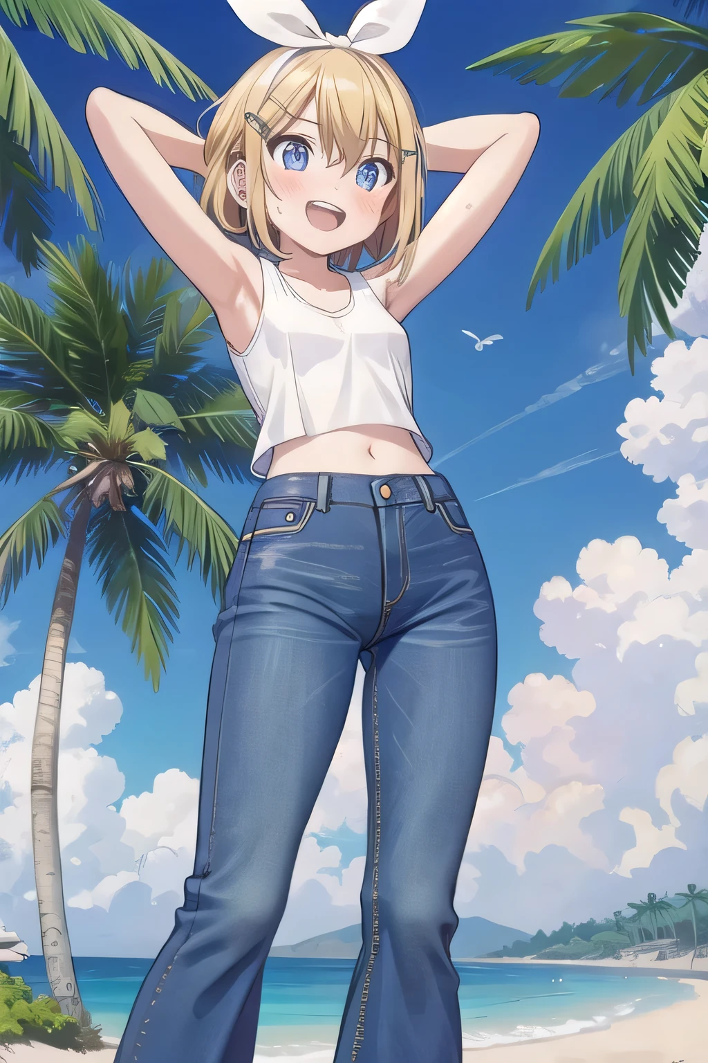 masterpiece,best quality,ultra detail, ((Perfect Face, Perfect Arms, Perfect hands, Perfect Fingers)), 1girl, 14yo, petite, ((round face, ecstasy, orgasm face, drooping eyes, shame smiling, blush)), dropping eyes, sleepy, Open mouth, ((White teeth)), background((under the beach, (day:1.2), palm tree, bright sky)), kagamine rin, short hair, blonde hair, floating hair, white hairband, hair bow, white bow, hairclip, swept bangs, blue eye, ((arms behind head, hands behind head, fingers behind head)), ((contrapposto)), spread armpits, looking at viewer,, (white tank top:1.2), (white crop top:1.2), (jeans pants:1.2, flares jeans:1.2, skinny jeans:1.2, blue jeans:1.2), standing, (legs spread:1.4), sex pose, Sweaty crotch, Steam from the crotch, from below, whole body