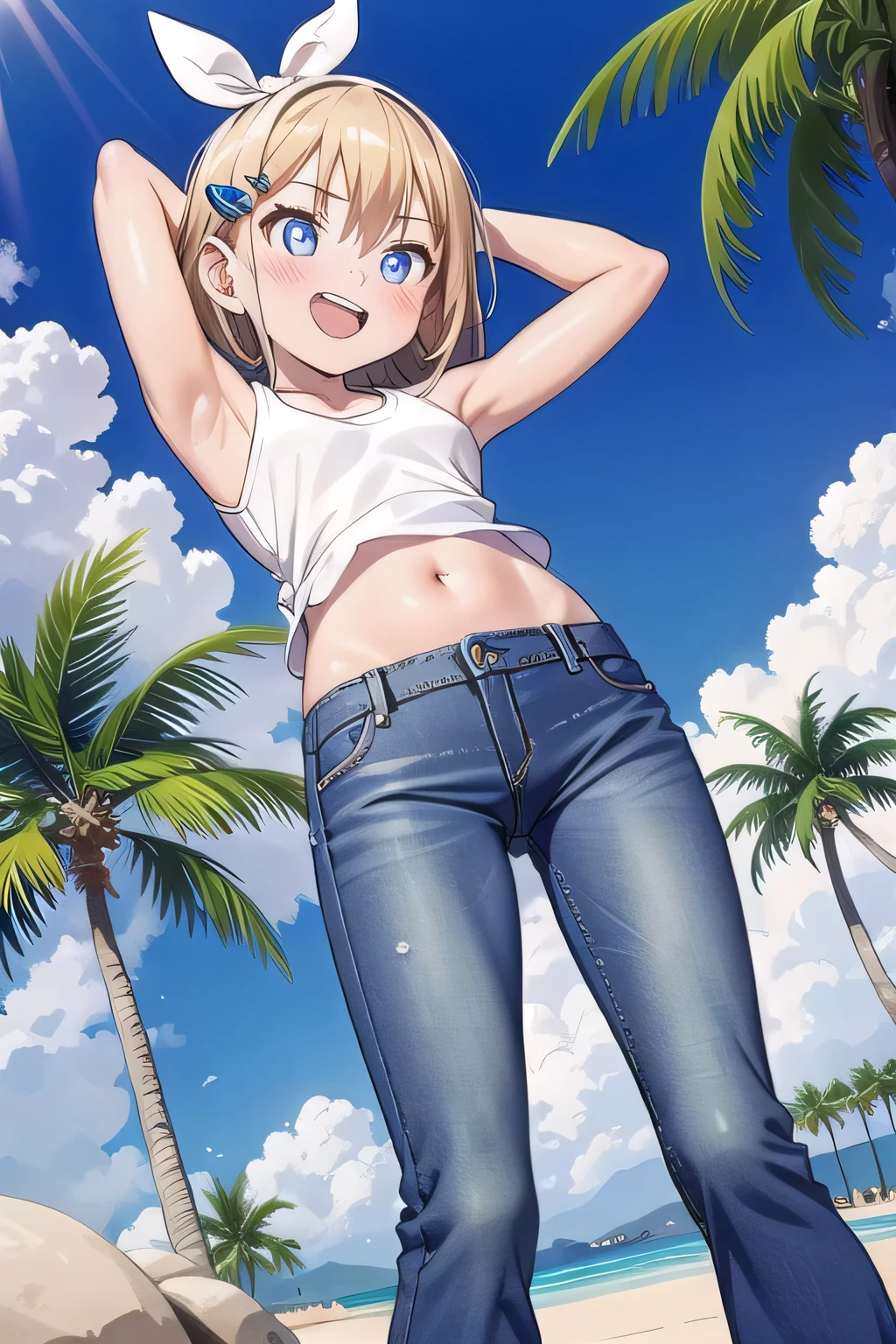 masterpiece,best quality,ultra detail, ((Perfect Face, Perfect Arms, Perfect hands, Perfect Fingers)), 1girl, , peti ((round face, ecstasy, orgasm face, drooping eyes, shame smiling, blush)), dropping eyes, sleepy, Open mouth, ((White teeth)), background((under the beach, (day:1.2), palm tree, bright sky)), kagamine rin, short hair, blonde hair, floating hair, white hairband, hair bow, white bow, hairclip, swept bangs, blue eye, ((arms behind head, hands behind head, fingers behind head)), ((contrapposto)), spread armpits, looking at viewer,, (white tank top:1.2), (white crop top:1.2), (jeans pants:1.2, flares jeans:1.2, skinny jeans:1.2, blue jeans:1.2), standing, (legs spread:1.4), sex pose, Sweaty crotch, Steam from the crotch, from below, whole body