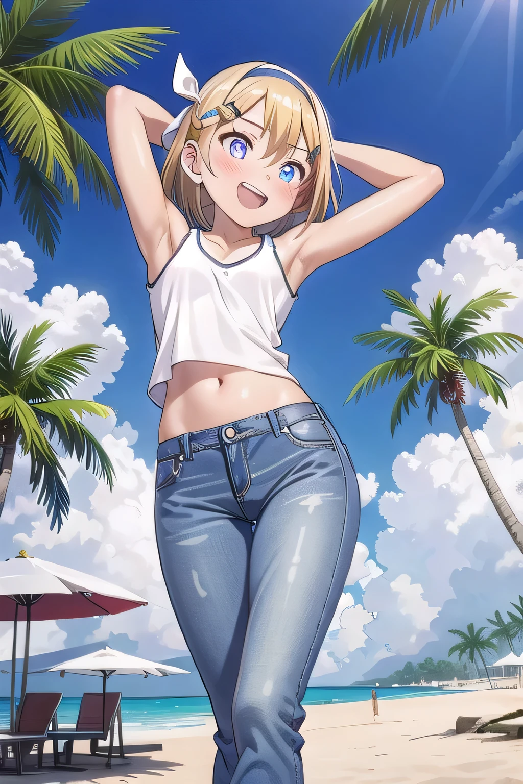 masterpiece,best quality,ultra detail, ((Perfect Face, Perfect Arms, Perfect hands, Perfect Fingers)), 1girl, , peti ((round face, ecstasy, orgasm face, drooping eyes, shame smiling, blush)), dropping eyes, sleepy, Open mouth, ((White teeth)), background((under the beach, (day:1.2), palm tree, bright sky)), kagamine rin, short hair, blonde hair, floating hair, white hairband, hair bow, white bow, hairclip, swept bangs, blue eye, ((arms behind head, hands behind head, fingers behind head)), ((contrapposto)), spread armpits, looking at viewer,, (white tank top:1.2), (white crop top:1.2), (jeans pants:1.2, flares jeans:1.2, skinny jeans:1.2, blue jeans:1.2), standing, (legs spread:1.4), sex pose, Sweaty crotch, Steam from the crotch, from below, whole body