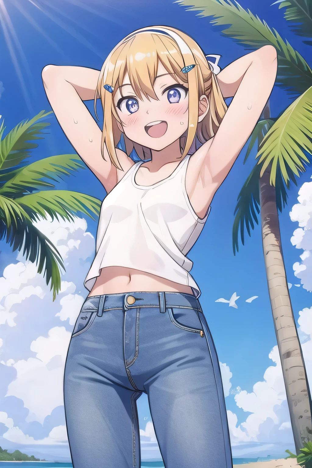 masterpiece,best quality,ultra detail, ((Perfect Face, Perfect Arms, Perfect hands, Perfect Fingers)), 1girl, , petite, ((round face, ecstasy, orgasm face, drooping eyes, shame smiling, blush)), dropping eyes, sleepy, Open mouth, ((White teeth)), background((under the beach, (day:1.2), palm tree, bright sky)), kagamine rin, short hair, blonde hair, floating hair, white hairband, hair bow, white bow, hairclip, swept bangs, blue eye, ((arms behind head, hands behind head, fingers behind head)), ((contrapposto)), spread armpits, looking at viewer,, (white tank top:1.2), (white crop top:1.2), (jeans pants:1.2, flares jeans:1.2, skinny jeans:1.2, blue jeans:1.2), standing, (legs spread:1.4), sex pose, Sweaty crotch, Steam from the crotch, from below, whole body