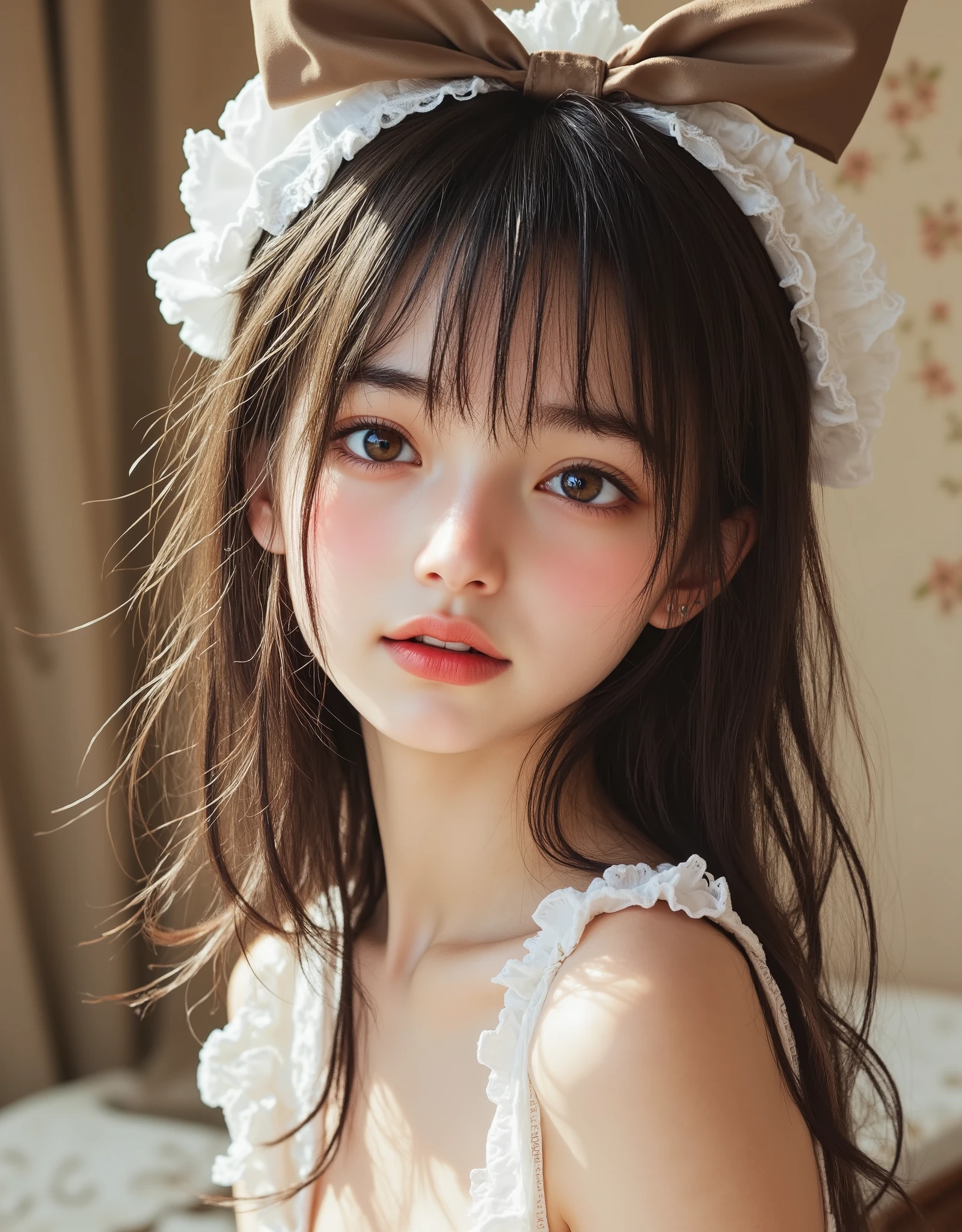 (Canon), (EOS R5), (50mm), ((( Photorealistic:1.5))), ( No Lens Flare :1.5), ((超 high res)), ( Masterpiece), accurate,( by Nomiな質感の肌), super detailed, high detail on the face, high quality , Award-winning work , 最 high quality, 32K, depth of coverage, digital camera, award-winning glamour photo , professional lighting,(SFW), ((最 high quality:1.5)), (( Masterpiece:1.5)), (( by Nomi)), high res, by Nomiな影, Roughness, Real Life,(( A very beautiful and cute Japanese woman :1.5)), (( cute Japanese top idol )), ((Upper body shot seen obliquely from the front :1.5)), ( upper body shot seen from the side :1.2), (( upper body shot from head to knee :1.8)), (( cute 18-year-old Japanese high school girl )), 1 girl, (( Very cute maid girl with a gray bow )), Beautiful and adorable bedroom , ( sitting on the bed), is looking at this, ( brown medium hair), ( White fluffy headband with large frills over her head :1.5), ( with a brown ribbon ), (( luxurious brown and beige gothic ta style )), (( I'm wearing a gorgeous white apron with lots of frills )), ( beige ribbon on a white apron ), with lots of frills , ((Black mesh stockings up to the thigh )), ( black knee-high socks with brown stripes up to the thighs ), black leather maid shoes are sometimes placed next to the bed , dreamy and shy expression , Attractive cuteness , seductive poses, Height: 160cm, slim figure, beautiful shaped big bust , F Cup, cleavage of bust visible, (( very cute smile with slightly visible teeth :1.5)), ( alone:1.5), (Only one person in the bedroom), ( show your hands as little as possible ), ( brown eyes:1.9), ( Detailed depiction of extremely realistic skin ), (Highly detailed, realistic eyes:1.9), ( extremely beautiful long realistic eyelashes ), (Highly detailed, realistic eyebrows), (丸い brown eyes :1.8), ( beautiful catchlight on the eyes), (Realistic lips with moisture ), ( white realistic teeth neatly arranged ), ( Beautiful and Detailed Face :1.6), ( hourglass shape:1.6), (Wasp waist :1.5), ( Perfectly round and beautifully shaped bust :1.8), ( clearly contoured cheekbones :1.5), ( textured skin by Mr. Nomi :1.8), (Healthy body :1.8), (Narrow shoulders:1.9), ( staring at viewers), ( captivating gaze), (Beautiful, natural-looking hands), ( beautiful beige nails with a beautiful length ), ( playful and curious posture ), beige themed bedroom , ( The whole room is all beige ), Beige walls, beige ceiling , Beige floor , There is a brown pillow with a white and beige flower pattern on the fluffy brown bed, beige bed sheets with a beautiful length , Brown curtains with a floral pattern , beige furniture , soft white lighting , ( Dreamy Cozy), fantasy style, Glow effect, Pretty bright dynamic lighting that makes your skin look beautiful, accurate手の形, accurate指の形, accurate指の数,5 fingers on one hand
