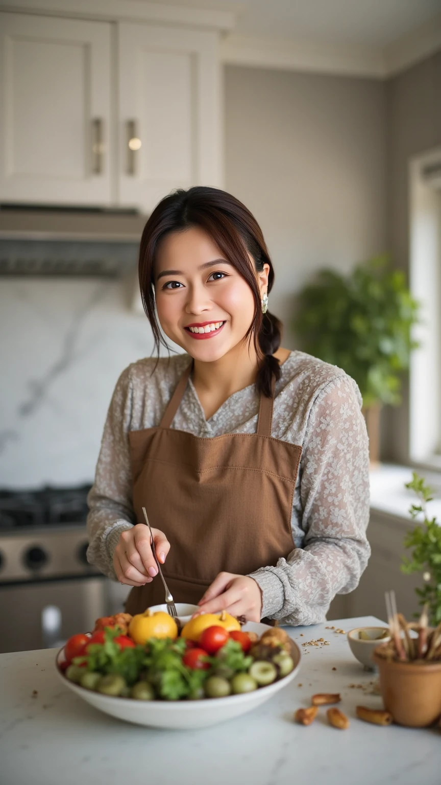 Japanese、40 years old,round face、Age-related wrinkles and sagging skin、Nasolabial folds、Brown Hair,Skinny Aunt、Room temperature 40℃、Flowing sweat、I-front T-back striped string panties and small string bra,Cooking food in the kitchen、Pots and pans on the stove、Cheerful、Smiling and laughing、Hold a plate of food with both hands、(Even though she's an old lady, she has twin tails:1.5)、Small flat、Wet Hair、Wet body、Flowing sweat