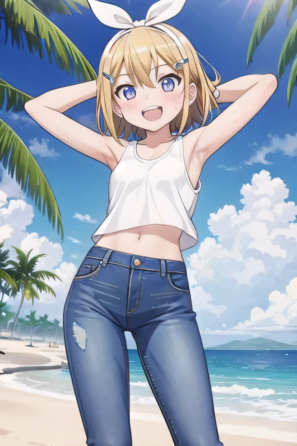 masterpiece,best quality,ultra detail, ((Perfect Face, Perfect Arms, Perfect hands, Perfect Fingers)), 1girl, 14yo, petite, ((round face, ecstasy, orgasm face, drooping eyes, shame smiling, blush)), dropping eyes, sleepy, Open mouth, ((White teeth)), background((under the beach, (day:1.2), palm tree, bright sky)), kagamine rin, short hair, blonde hair, floating hair, white hairband, hair bow, white bow, hairclip, swept bangs, blue eye, ((arms behind head, hands behind head, fingers behind head)), ((contrapposto)), spread armpits, looking at viewer,, (white tank top:1.2), (white crop top:1.2), (jeans pants:1.2, flares jeans:1.2, skinny jeans:1.2, blue jeans:1.2), standing, (legs spread:1.4), sex pose, Sweaty crotch, Steam from the crotch, from below, whole body