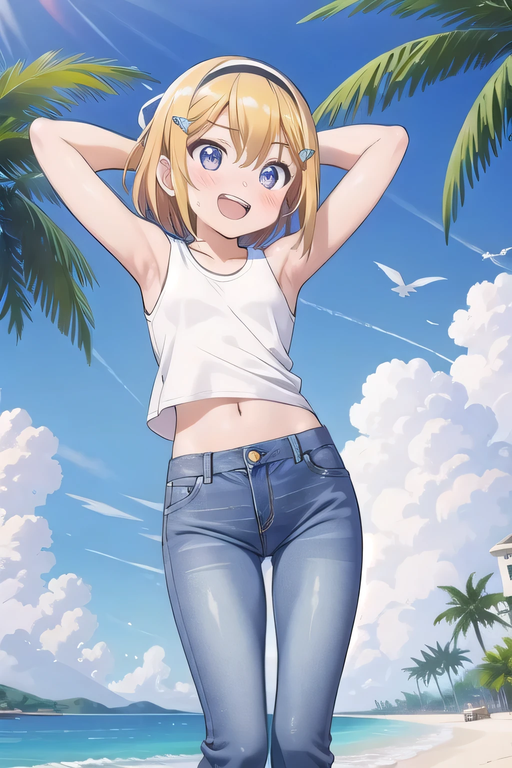 masterpiece,best quality,ultra detail, ((Perfect Face, Perfect Arms, Perfect hands, Perfect Fingers)), 1girl, 14yo, petite, ((round face, ecstasy, orgasm face, drooping eyes, shame smiling, blush)), dropping eyes, sleepy, Open mouth, ((White teeth)), background((under the beach, (day:1.2), palm tree, bright sky)), kagamine rin, short hair, blonde hair, floating hair, white hairband, hair bow, white bow, hairclip, swept bangs, blue eye, ((arms behind head, hands behind head, fingers behind head)), ((contrapposto)), spread armpits, looking at viewer,, (white tank top:1.2), (white crop top:1.2), (jeans pants:1.2, flares jeans:1.2, skinny jeans:1.2, blue jeans:1.2), standing, (legs spread:1.4), sex pose, Sweaty crotch, Steam from the crotch, from below, whole body