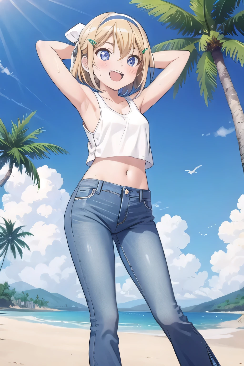 masterpiece,best quality,ultra detail, ((Perfect Face, Perfect Arms, Perfect hands, Perfect Fingers)), 1girl, 14yo, petite, ((round face, ecstasy, orgasm face, drooping eyes, shame smiling, blush)), dropping eyes, sleepy, Open mouth, ((White teeth)), background((under the beach, (day:1.2), palm tree, bright sky)), kagamine rin, short hair, blonde hair, floating hair, white hairband, hair bow, white bow, hairclip, swept bangs, blue eye, ((arms behind head, hands behind head, fingers behind head)), ((contrapposto)), spread armpits, looking at viewer,, (white tank top:1.2), (white crop top:1.2), (jeans pants:1.2, flares jeans:1.2, skinny jeans:1.2, blue jeans:1.2), standing, (legs spread:1.4), sex pose, Sweaty crotch, Steam from the crotch, from below, whole body
