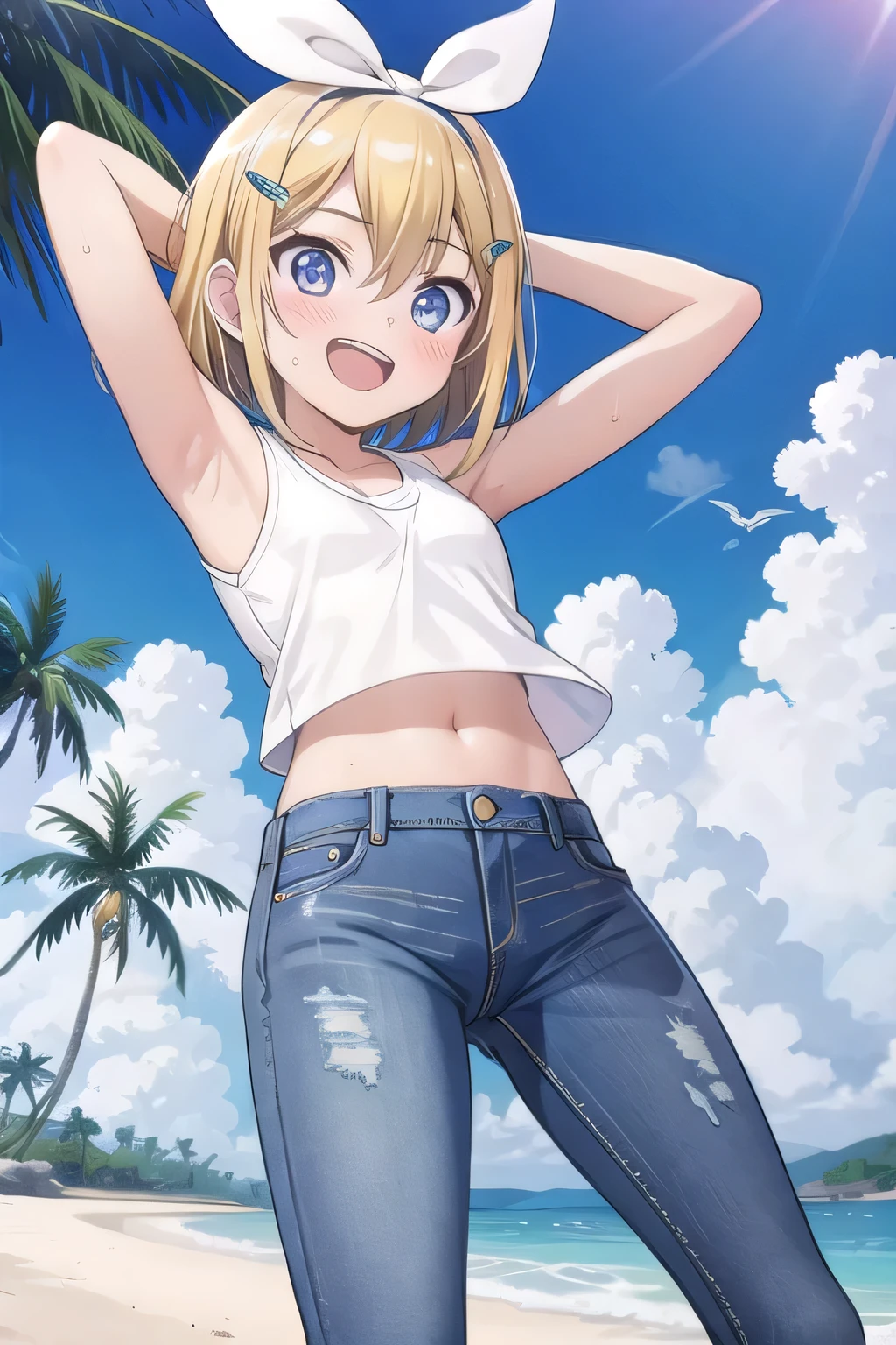 masterpiece,best quality,ultra detail, ((Perfect Face, Perfect Arms, Perfect hands, Perfect Fingers)), 1girl, , peti ((round face, ecstasy, orgasm face, drooping eyes, shame smiling, blush)), dropping eyes, sleepy, Open mouth, ((White teeth)), background((under the beach, (day:1.2), palm tree, bright sky)), kagamine rin, short hair, blonde hair, floating hair, white hairband, hair bow, white bow, hairclip, swept bangs, blue eye, ((arms behind head, hands behind head, fingers behind head)), ((contrapposto)), spread armpits, looking at viewer,, (white tank top:1.2), (white crop top:1.2), (jeans pants:1.2, flares jeans:1.2, skinny jeans:1.2, blue jeans:1.2), standing, (legs spread:1.4), sex pose, Sweaty crotch, Steam from the crotch, from below, whole body