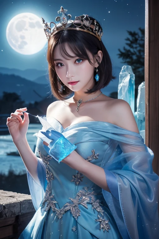 night, ((1 girl)), Solitary, masterpiece, 8k wallpaper, high resolution, absurd, High quality background, short hair, Black Hair, Multi-colored hair, Beautiful frozen village, (round bright moon), Blue Dress, Detailed dress, Jewelry Dress, (magic:1.2), blue fire, blue eyes, Glowing eyes, fire, Goddess of Ice, (Blue detailed beautiful crown), electricity, blue electricity, Blue light particles
