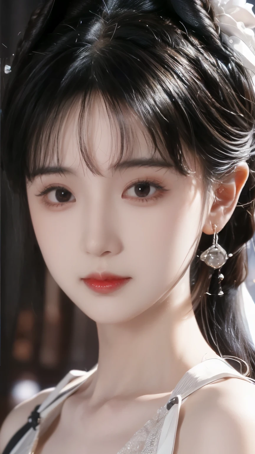 ( Best Quality , masterpiece:1.2), ultra-high resolution ,Realistically ,Front Light, complicated details,Fine details and texture,( 1 girl), is unique, upper body,Petal pattern,漂亮的 big eyes,skirt, beautiful face,For the audience ,ribbon,gossamer,(Young),Facial highlights,Detail production,Tear mole, White Skin,Silver Hair, on t , watching the audience , big eyes,(Hollow pattern),earrings, slim figure, white background,Right hand,Professional lighting,Photon Mapping,Radio City , physical rendering