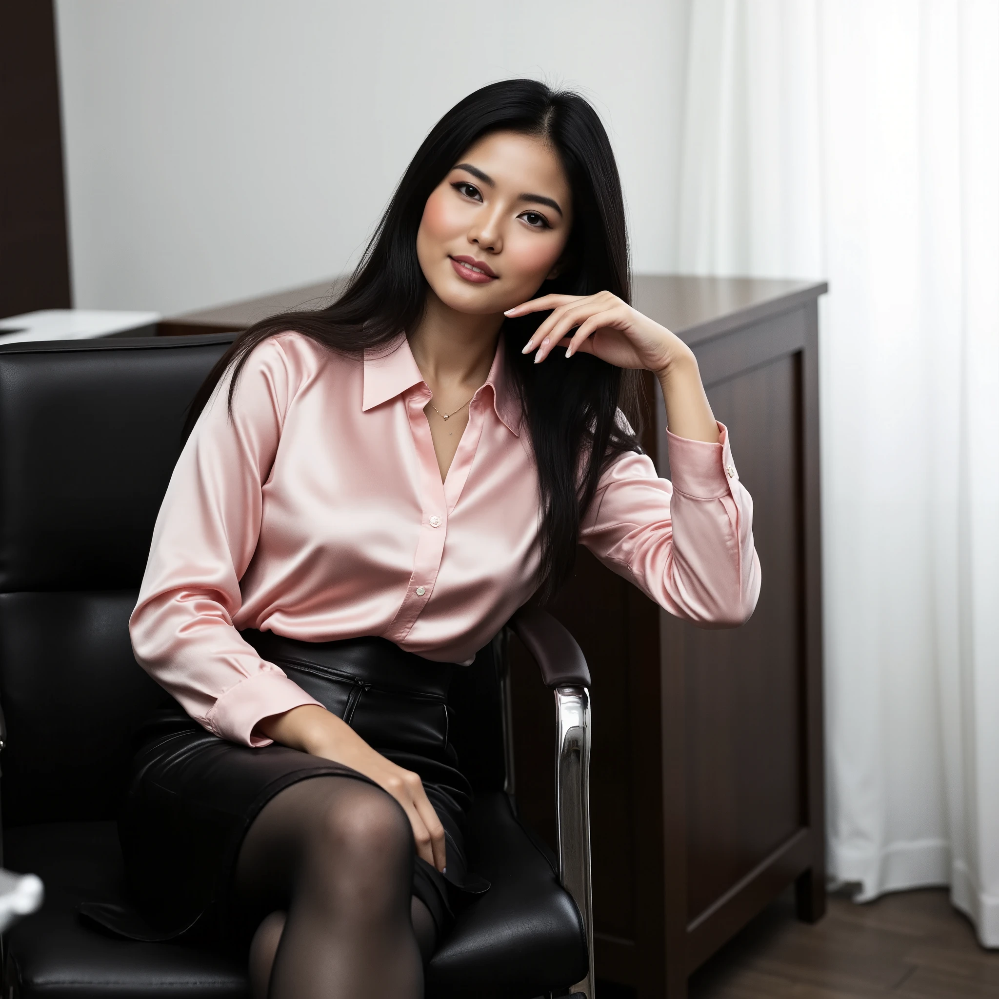 Elegant and professional aesthetic, confident woman sitting in a black leather executive chair, wearing a light pink satin shirt slightly unbuttoned paired with a black faux leather skirt, translucent black tights, holding a pen near her face with a subtle smile, minimalistic office background, white curtains, dark wooden floor, backlit natural lighting, soft illumination highlighting satin texture and neutral tones, sleek black hair, natural and delicate makeup, sophisticated and charming expression, soft focus, atmospheric tones, Rosa soft pink, black, and wooden accents --ar 2:3 --s 500 --v 6.0 --style raw