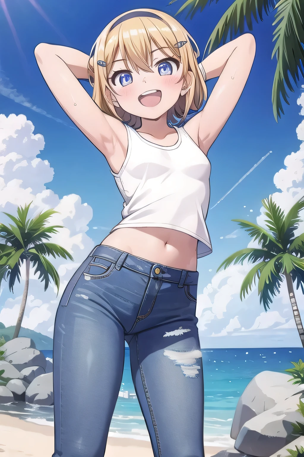 masterpiece,best quality,ultra detail, ((Perfect Face, Perfect Arms, Perfect hands, Perfect Fingers)), 1girl, , peti ((round face, ecstasy, orgasm face, drooping eyes, shame smiling, blush)), dropping eyes, sleepy, Open mouth, ((White teeth)), background((under the beach, (day:1.2), palm tree, bright sky)), kagamine rin, short hair, blonde hair, floating hair, white hairband, hair bow, white bow, hairclip, swept bangs, blue eye, ((arms behind head, hands behind head, fingers behind head)), ((contrapposto)), spread armpits, looking at viewer,, (white tank top:1.2), (white crop top:1.2), (jeans pants:1.2, flares jeans:1.2, skinny jeans:1.2, blue jeans:1.2), standing, (legs spread:1.4), sex pose, Sweaty crotch, Steam from the crotch, from below, whole body