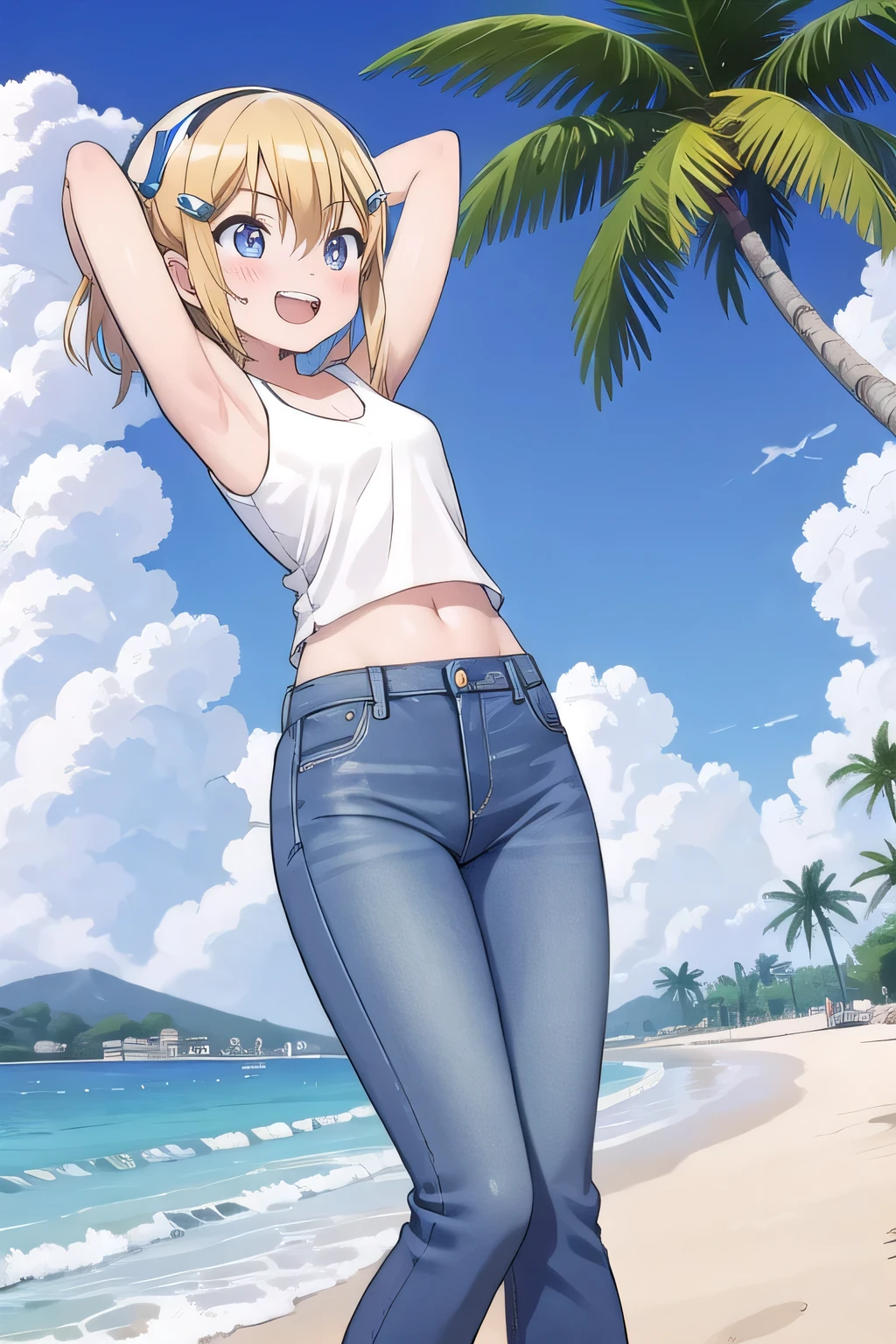 masterpiece,best quality,ultra detail, ((Perfect Face, Perfect Arms, Perfect hands, Perfect Fingers)), 1girl, , peti ((round face, ecstasy, orgasm face, drooping eyes, shame smiling, blush)), dropping eyes, sleepy, Open mouth, ((White teeth)), background((under the beach, (day:1.2), palm tree, bright sky)), kagamine rin, short hair, blonde hair, floating hair, white hairband, hair bow, white bow, hairclip, swept bangs, blue eye, ((arms behind head, hands behind head, fingers behind head)), ((contrapposto)), spread armpits, looking at viewer,, (white tank top:1.2), (white crop top:1.2), (jeans pants:1.2, flares jeans:1.2, skinny jeans:1.2, blue jeans:1.2), standing, (legs spread:1.4), sex pose, Sweaty crotch, Steam from the crotch, from below, whole body