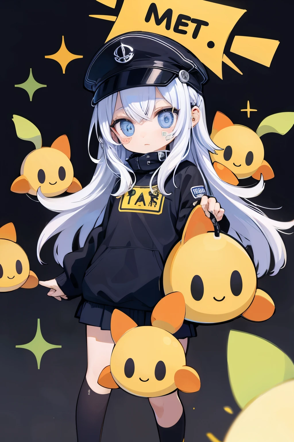 (sticker),#quality(8k,best quality, masterpiece),solo, #1girl(cute, kawaii,small ,smile,hair floating,hair color cosmic,pigtail hair,zombie skin,ghost skin ,skin color blue,pale skin,eye color cosmic,eyes shining,big eyes,damaged clothes,heavy metal costume,smirk,isolated on pink background,full body),#background(monotone,pink,no background,isolated on pink background)
