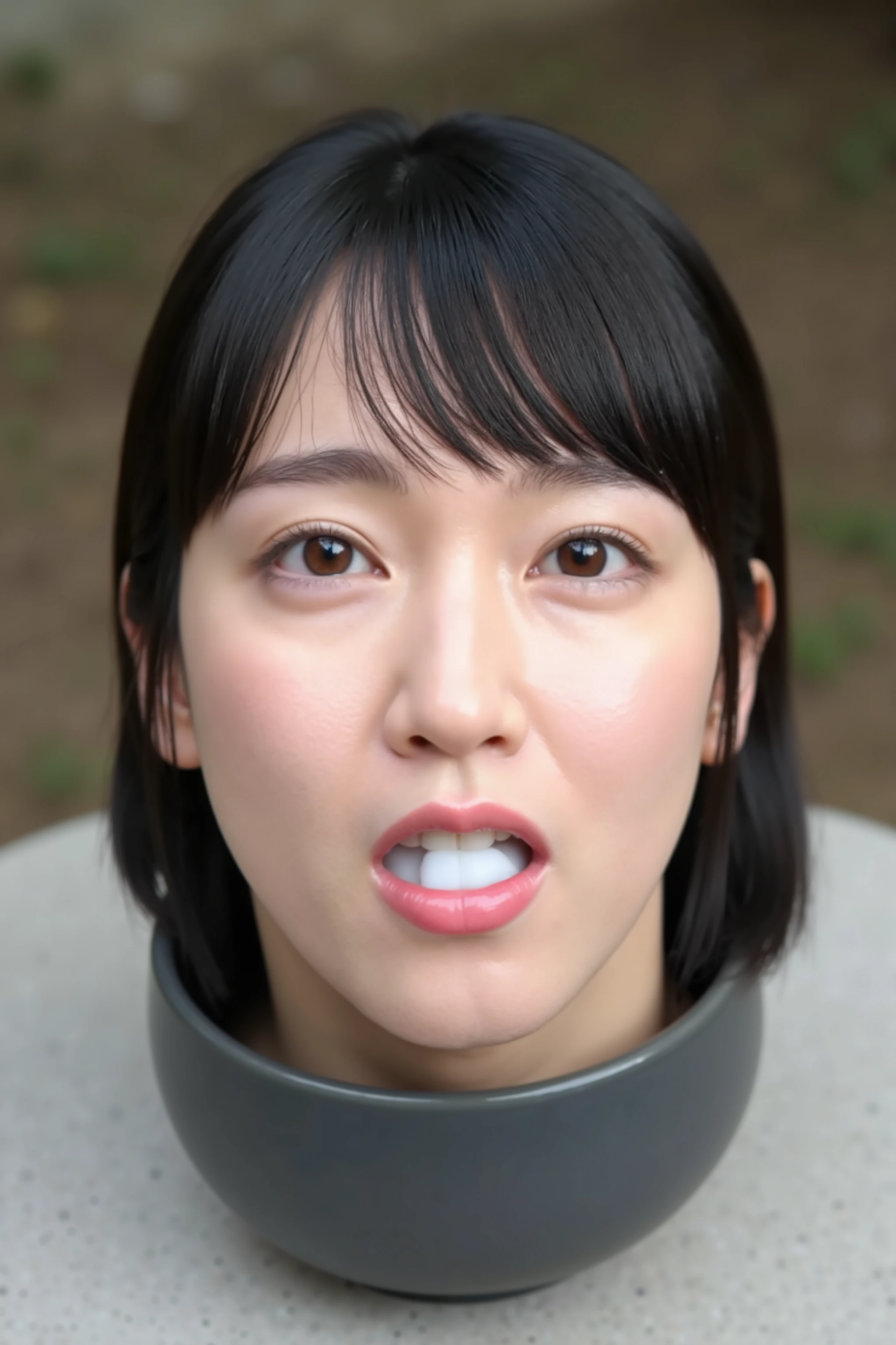 The high resolution photograph of a beautiful young woman's disembodied head in a low pot on the table, photo-realistic, realistic, masterpiece, amazing quality, intricate details, professional lighting, close-up of her head, face focus, pale skin, fine-textured skin, black hair with bangs, detailed face, detailed eyes, sophisticated nose, (facing up, open mouth, white cum in mouth:1.2), looking at the viewer, front view, outdoors,