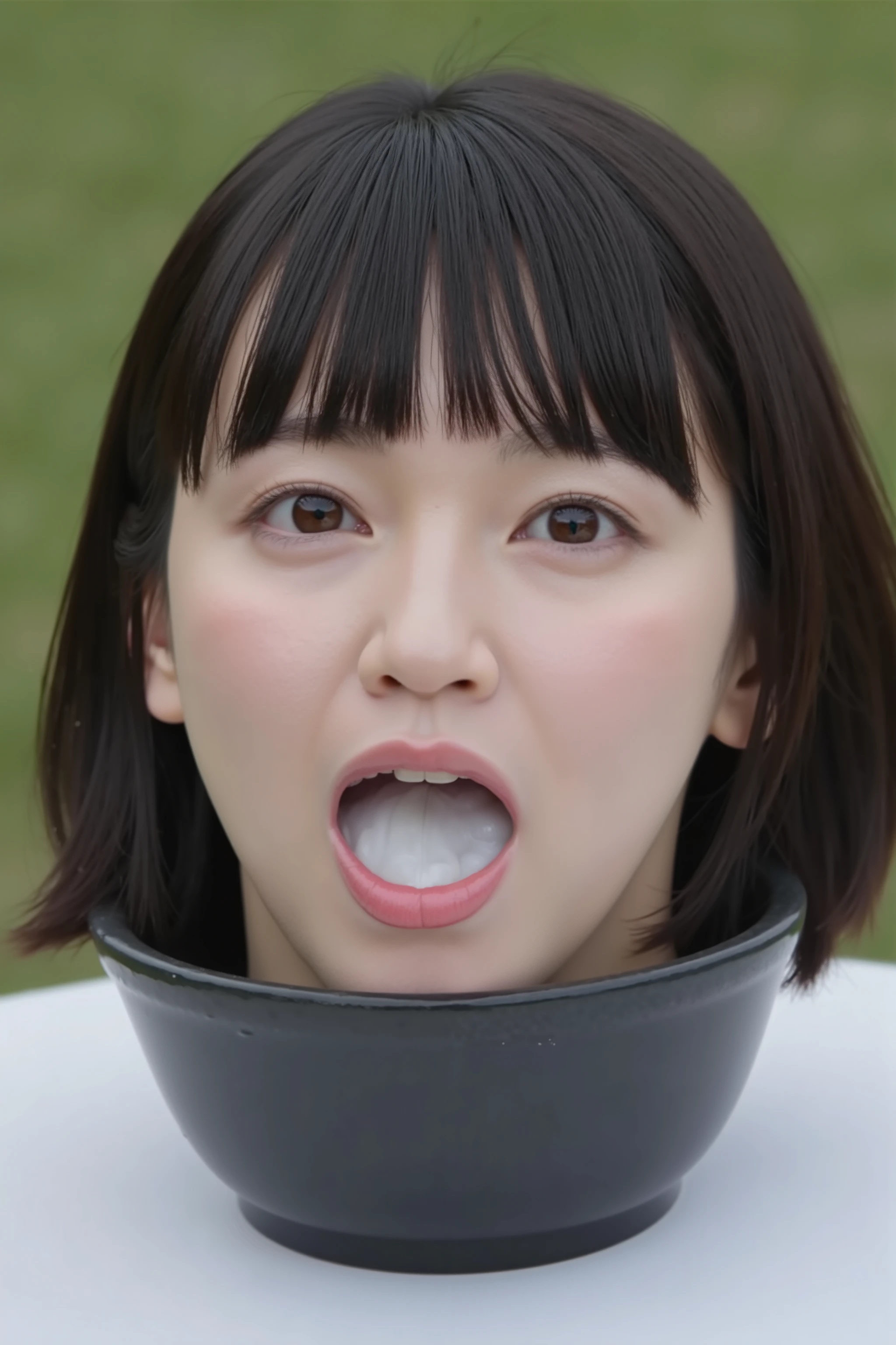The high resolution photograph of a beautiful young woman's disembodied head in a low pot on the table, photo-realistic, realistic, masterpiece, amazing quality, intricate details, professional lighting, close-up of her head, face focus, pale skin, fine-textured skin, black hair with bangs, detailed face, detailed eyes, sophisticated nose, (facing up, open mouth, white cum in mouth:1.2), looking at the viewer, front view, outdoors,