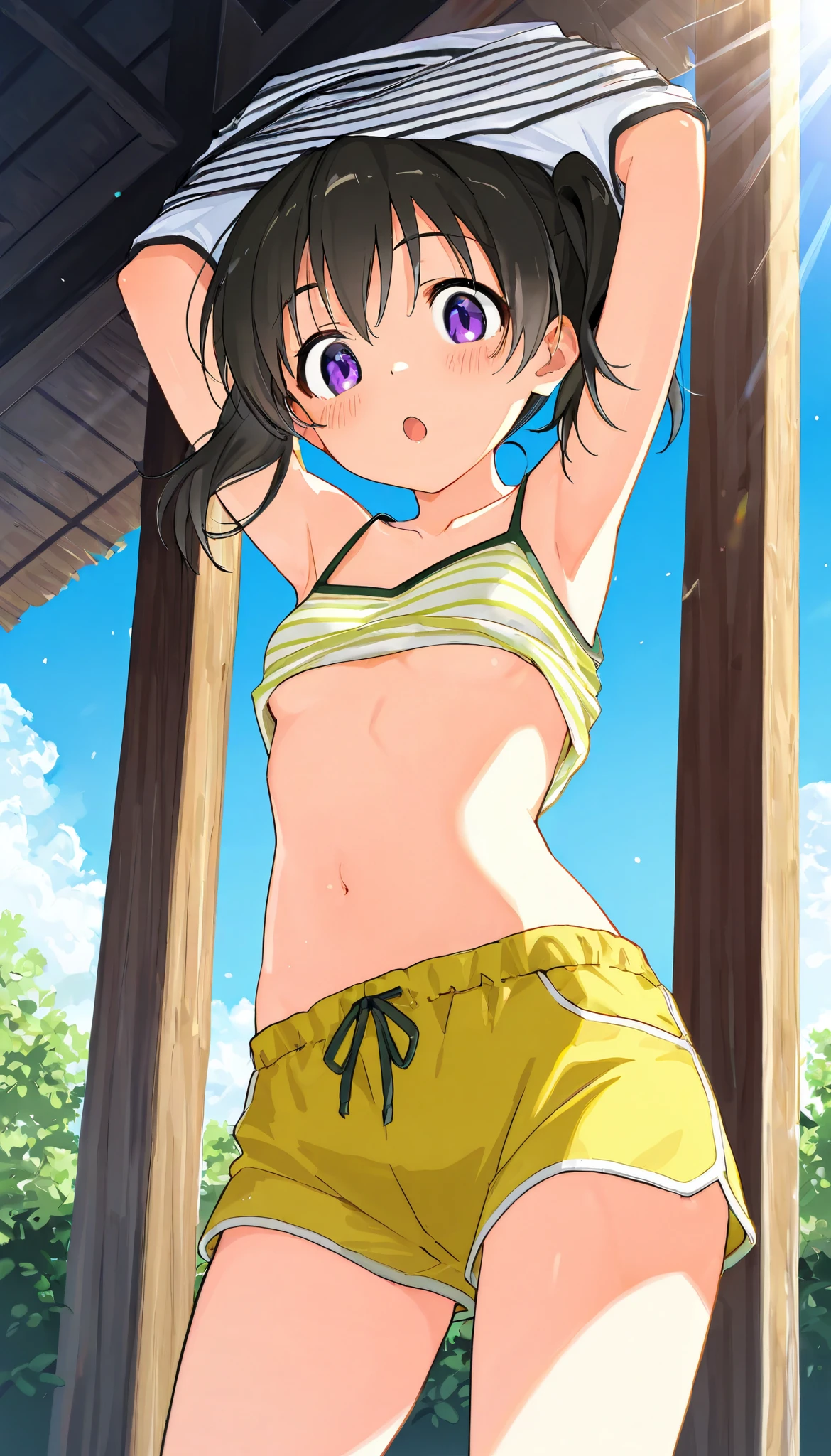 score_9, score_8_up, score_7_up, best quality, masterpiece, source_anime BREAK
1girl, kuraue hinata, solo, black hair, purple eyes, armpits, undressing, twintails, short hair, arms up, open mouth, blush, camisole, looking at viewer, from below, brown shorts, tank top, striped shirt, standing, short shorts, yellow shorts, looking down, cowboy shot, white shirt, :o, collarbone, striped camisole, spaghetti strap, shirt lift, bare shoulders, eyebrows visible through hair, navel, small breasts, sleeveless shirt, outdoors, day, blue sky, sunlight