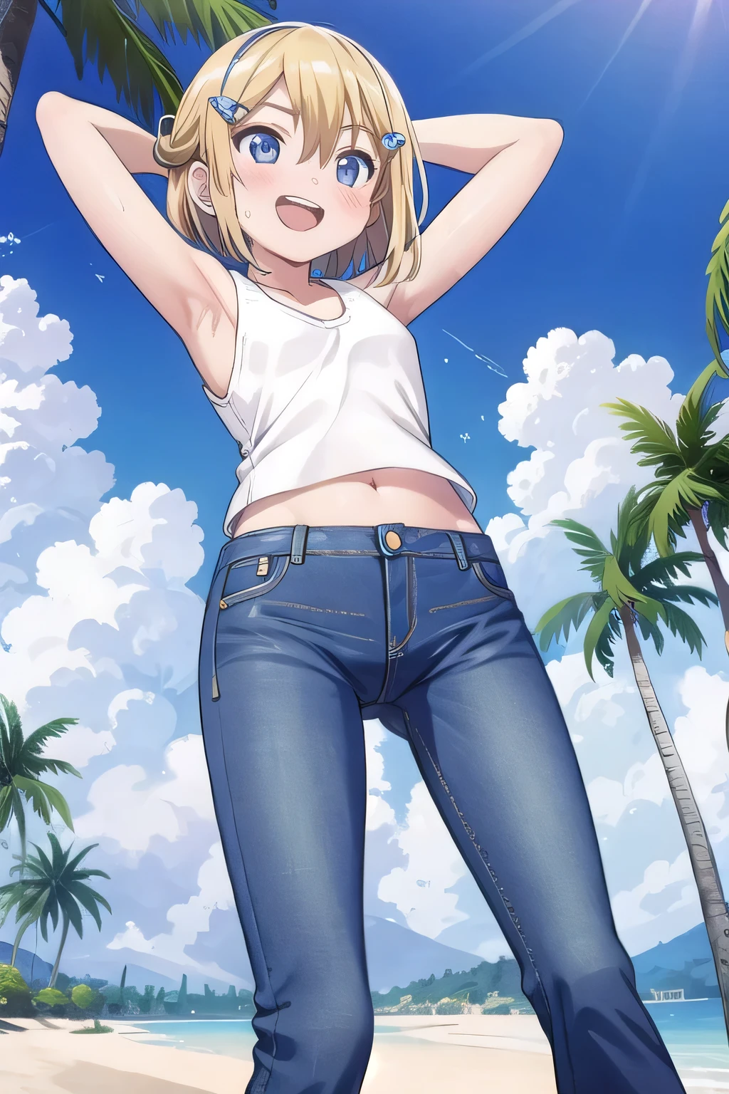 masterpiece,best quality,ultra detail, ((Perfect Face, Perfect Arms, Perfect hands, Perfect Fingers)), 1girl, 14yo, petite, ((round face, ecstasy, orgasm face, drooping eyes, shame smiling, blush)), dropping eyes, sleepy, Open mouth, ((White teeth)), background((under the beach, (day:1.2), palm tree, bright sky)), kagamine rin, short hair, blonde hair, floating hair, white hairband, hair bow, white bow, hairclip, swept bangs, blue eye, ((arms behind head, hands behind head, fingers behind head)), ((contrapposto)), spread armpits, looking at viewer,, (white tank top:1.2), (white crop top:1.2), (jeans pants:1.2, flares jeans:1.2, skinny jeans:1.2, blue jeans:1.2), standing, (legs spread:1.4), sex pose, Sweaty crotch, Steam from the crotch, from below, whole body