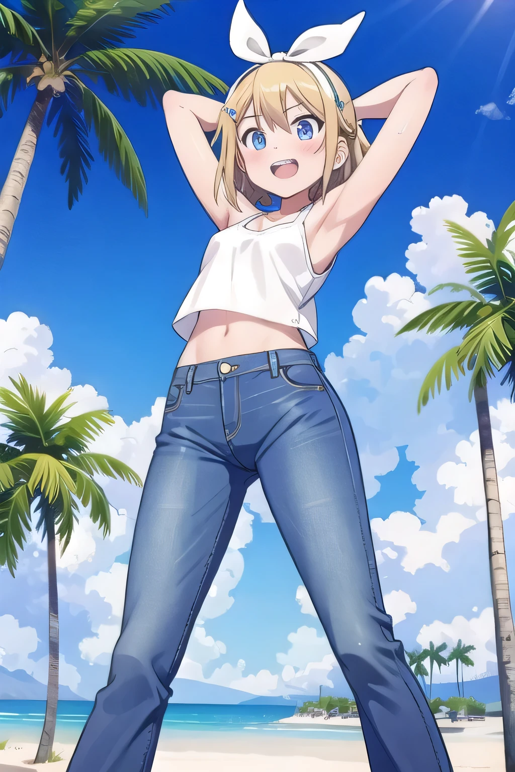 masterpiece,best quality,ultra detail, ((Perfect Face, Perfect Arms, Perfect hands, Perfect Fingers)), 1girl, 14yo, petite, ((round face, ecstasy, orgasm face, drooping eyes, shame smiling, blush)), dropping eyes, sleepy, Open mouth, ((White teeth)), background((under the beach, (day:1.2), palm tree, bright sky)), kagamine rin, short hair, blonde hair, floating hair, white hairband, hair bow, white bow, hairclip, swept bangs, blue eye, ((arms behind head, hands behind head, fingers behind head)), ((contrapposto)), spread armpits, looking at viewer,, (white tank top:1.2), (white crop top:1.2), (jeans pants:1.2, flares jeans:1.2, skinny jeans:1.2, blue jeans:1.2), standing, (legs spread:1.4), sex pose, Sweaty crotch, Steam from the crotch, from below, whole body